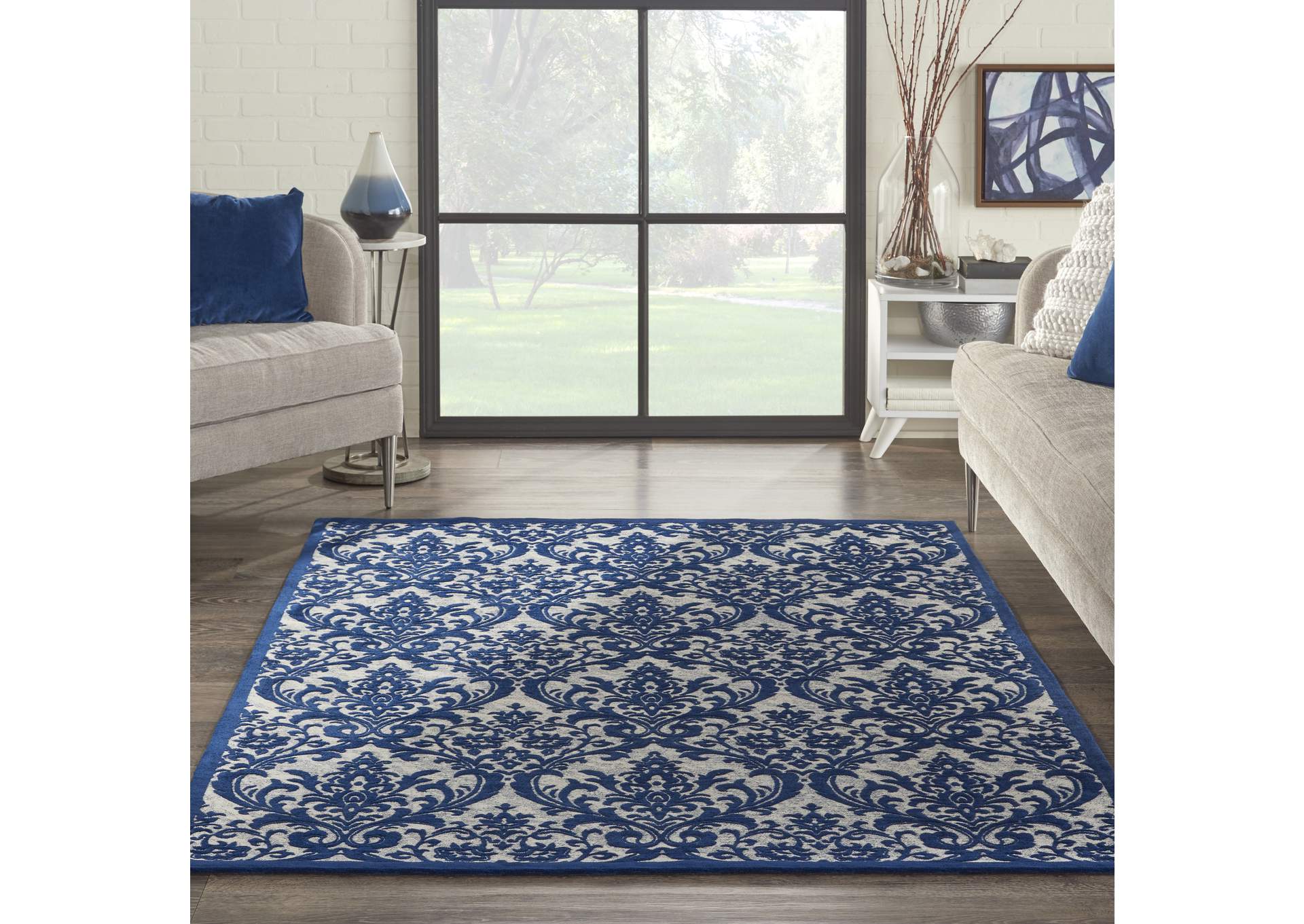 Nourison Damask DAS02 Dark Blue and White 5'x7' Vintage Area Rug,Nourison