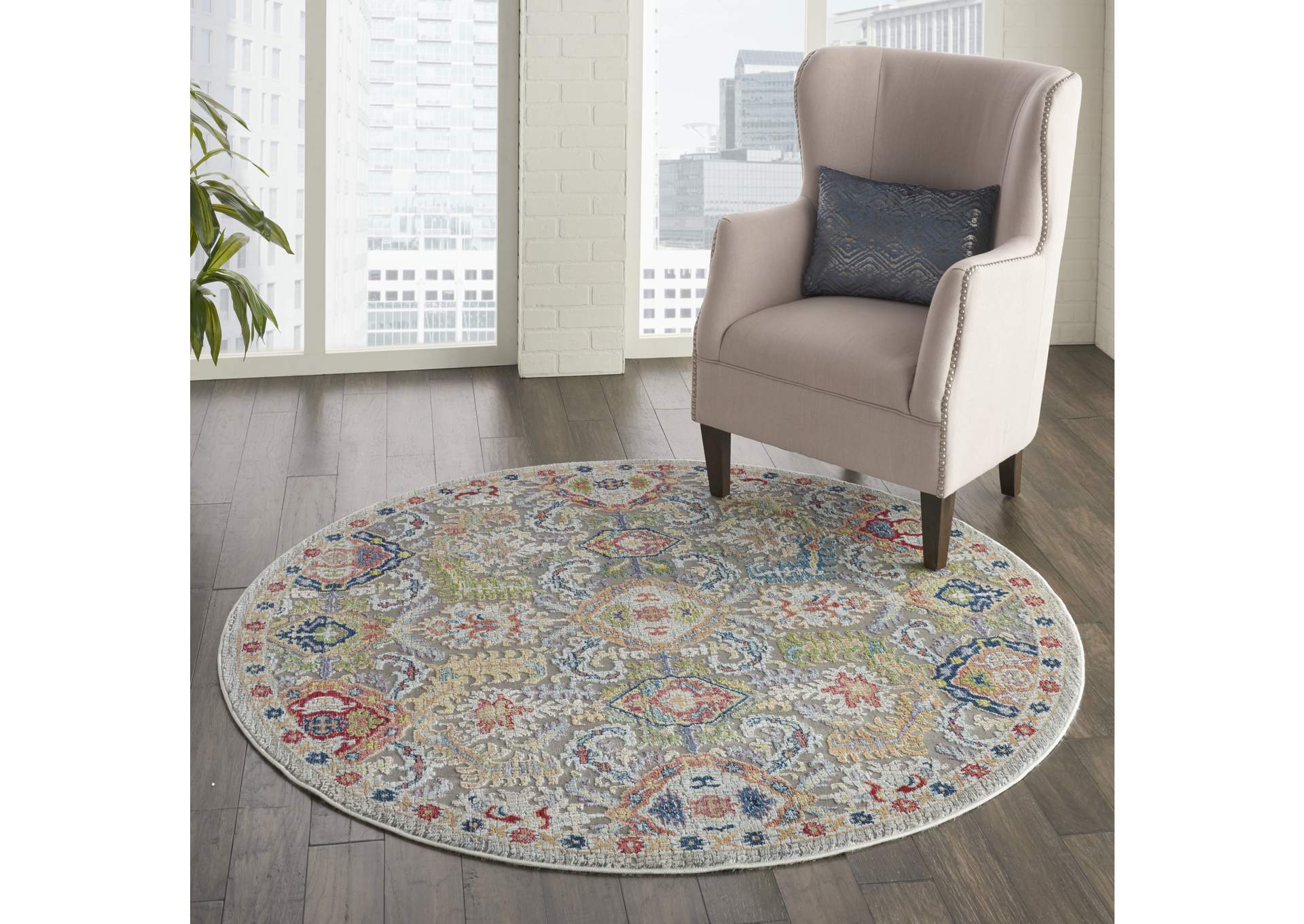 Nourison Ankara Global ANR12 Grey Multicolor 6' Round Persian Area Rug,Nourison