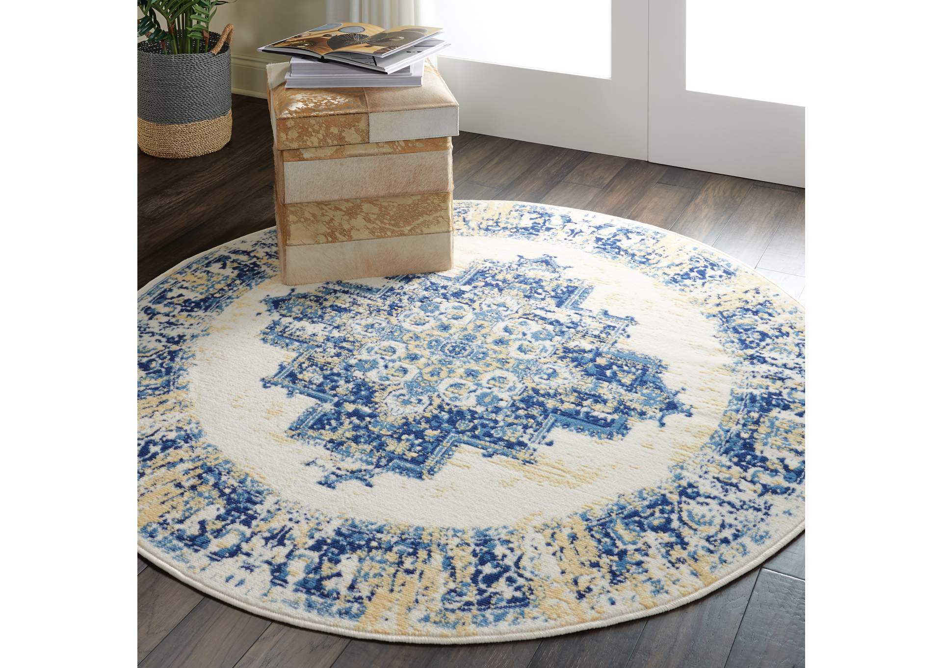 Nourison Grafix GRF14 White and Blue 5' Round Area Rug,Nourison
