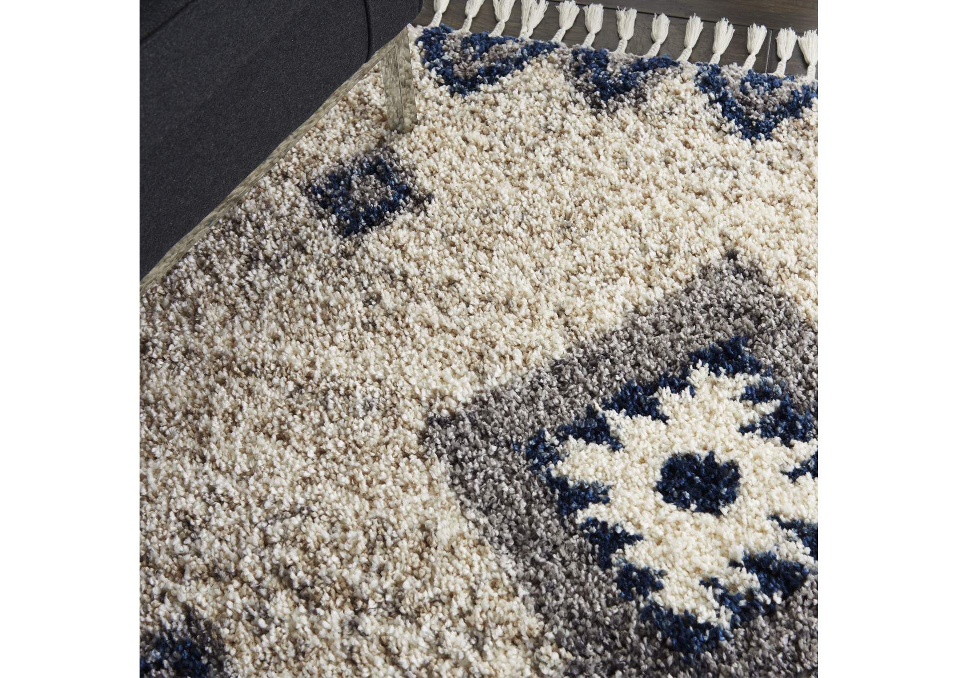 Nourison Oslo Shag OSL03 5'x8' Ivory and Blue Scandinavian Shag Rug,Nourison