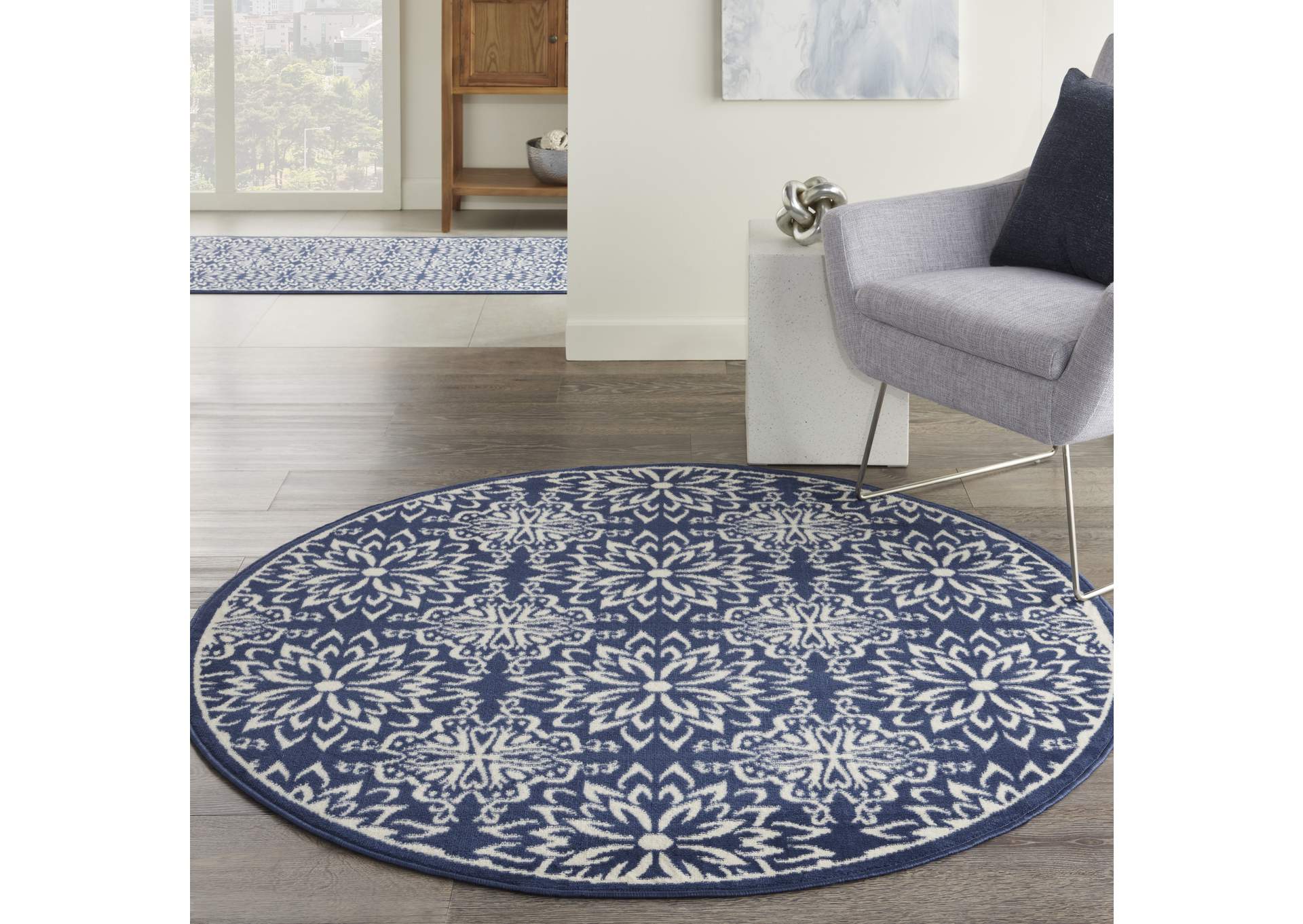 Nourison Jubilant 5' Round Navy Ivory Transitional Area Rug,Nourison