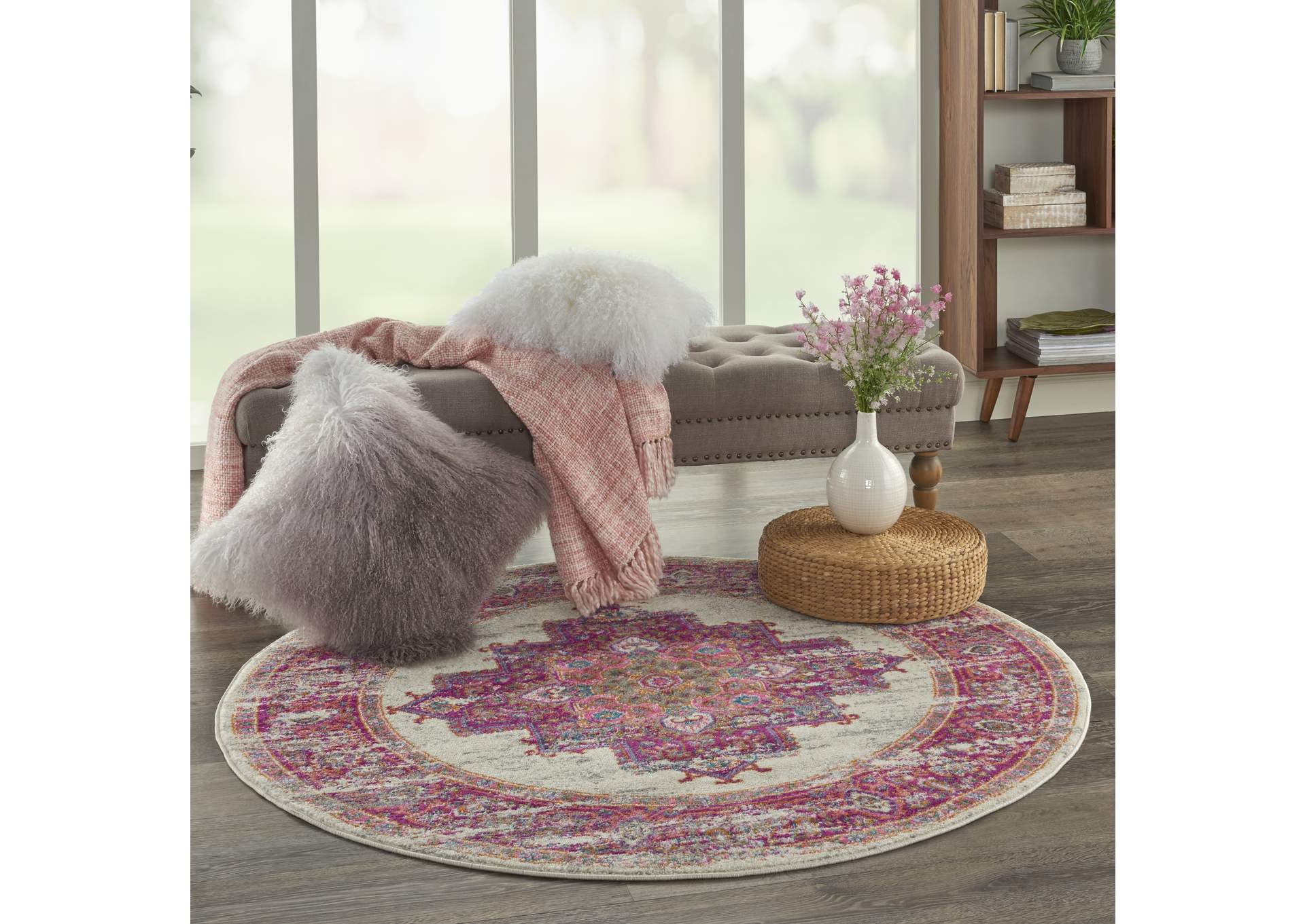 Nourison Passion PSN03 Pink and White 4' Round Vintage Area Rug,Nourison