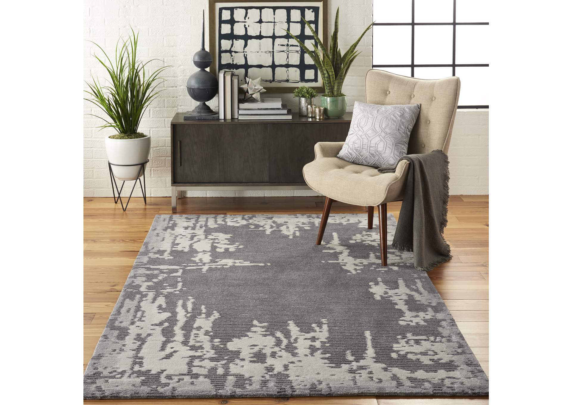 Nourison Symmetry SMM02 Ivory and Grey 4'x6' Area Rug,Nourison
