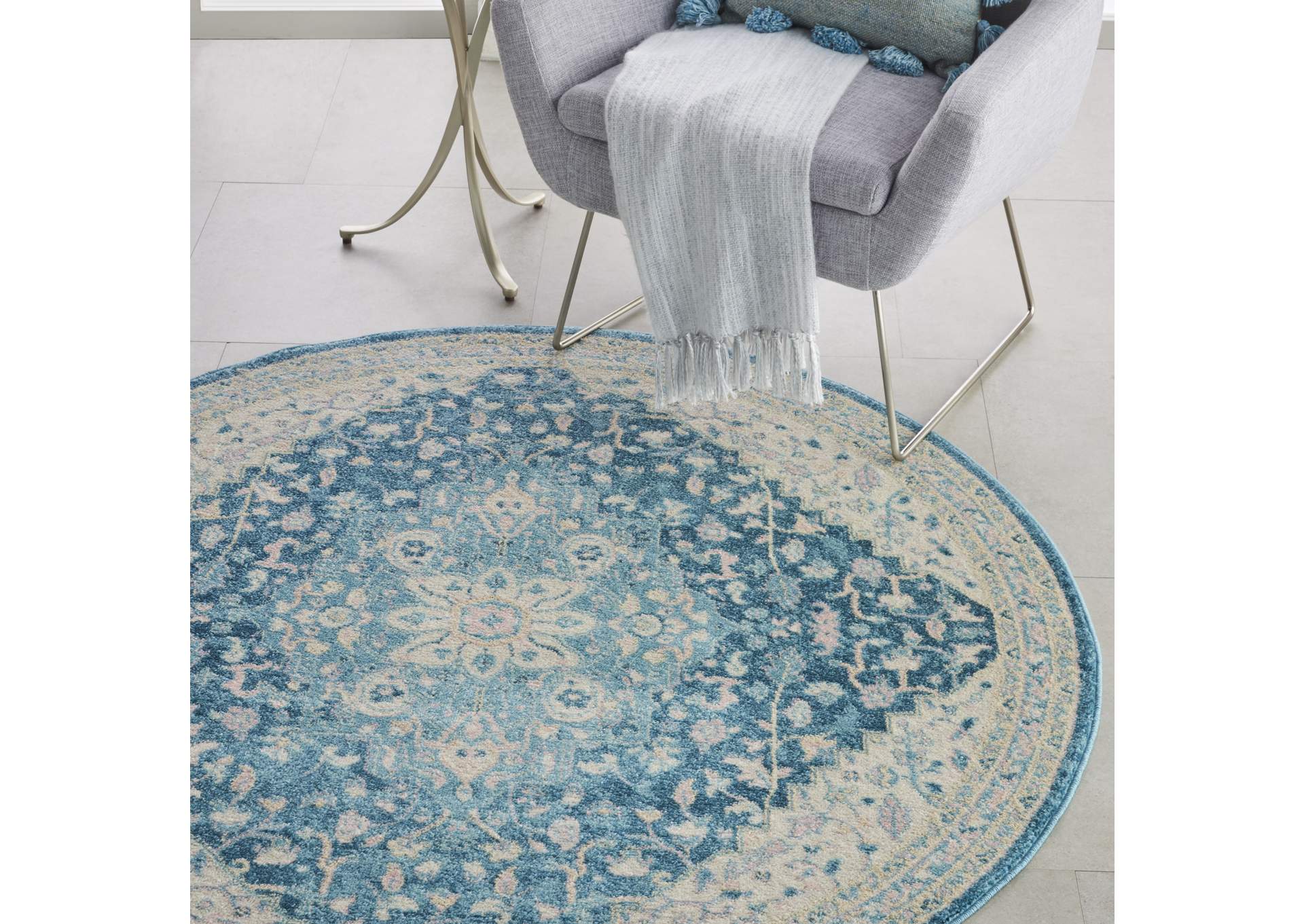 Nourison Tranquil TRA07 Turquoise Blue and White 5' Round Oushak Area Rug,Nourison