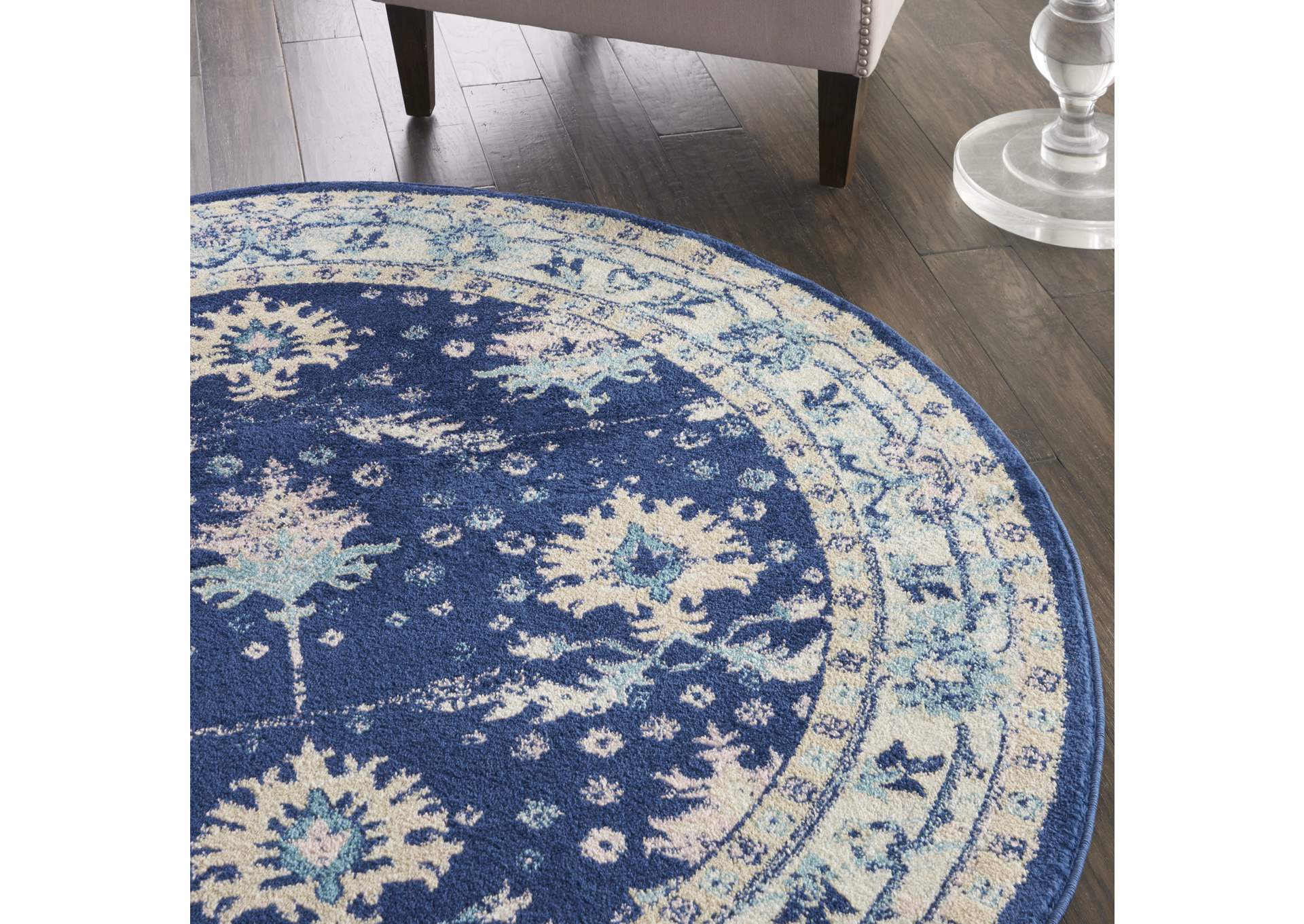 Nourison Tranquil TRA10 Navy Blue 5' Round Bordered Oriental Area Rug,Nourison
