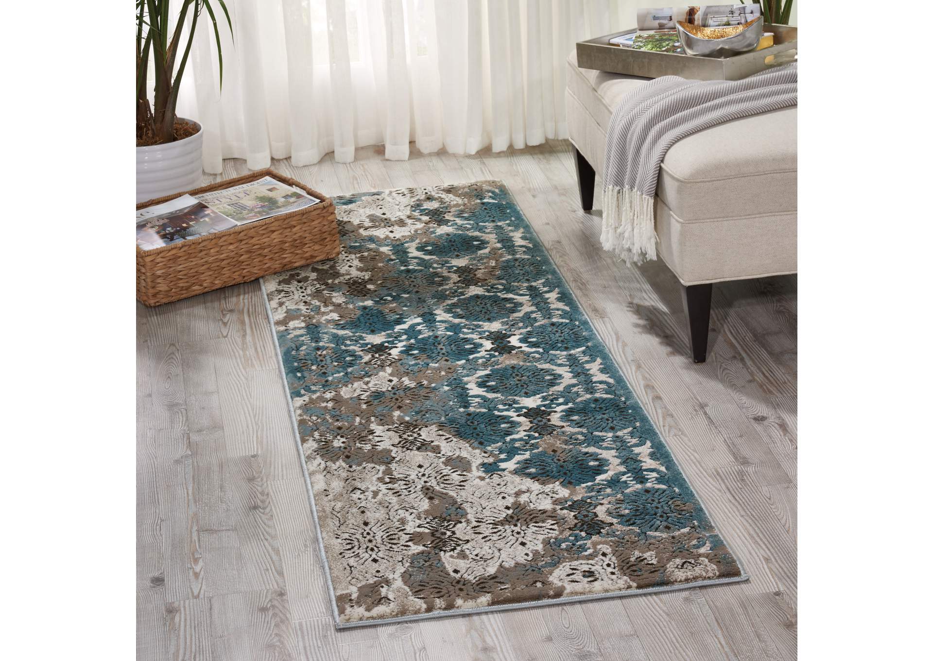 Nourison Karma KRM05 Blue and White 8' Runner Hallway Rug,Nourison