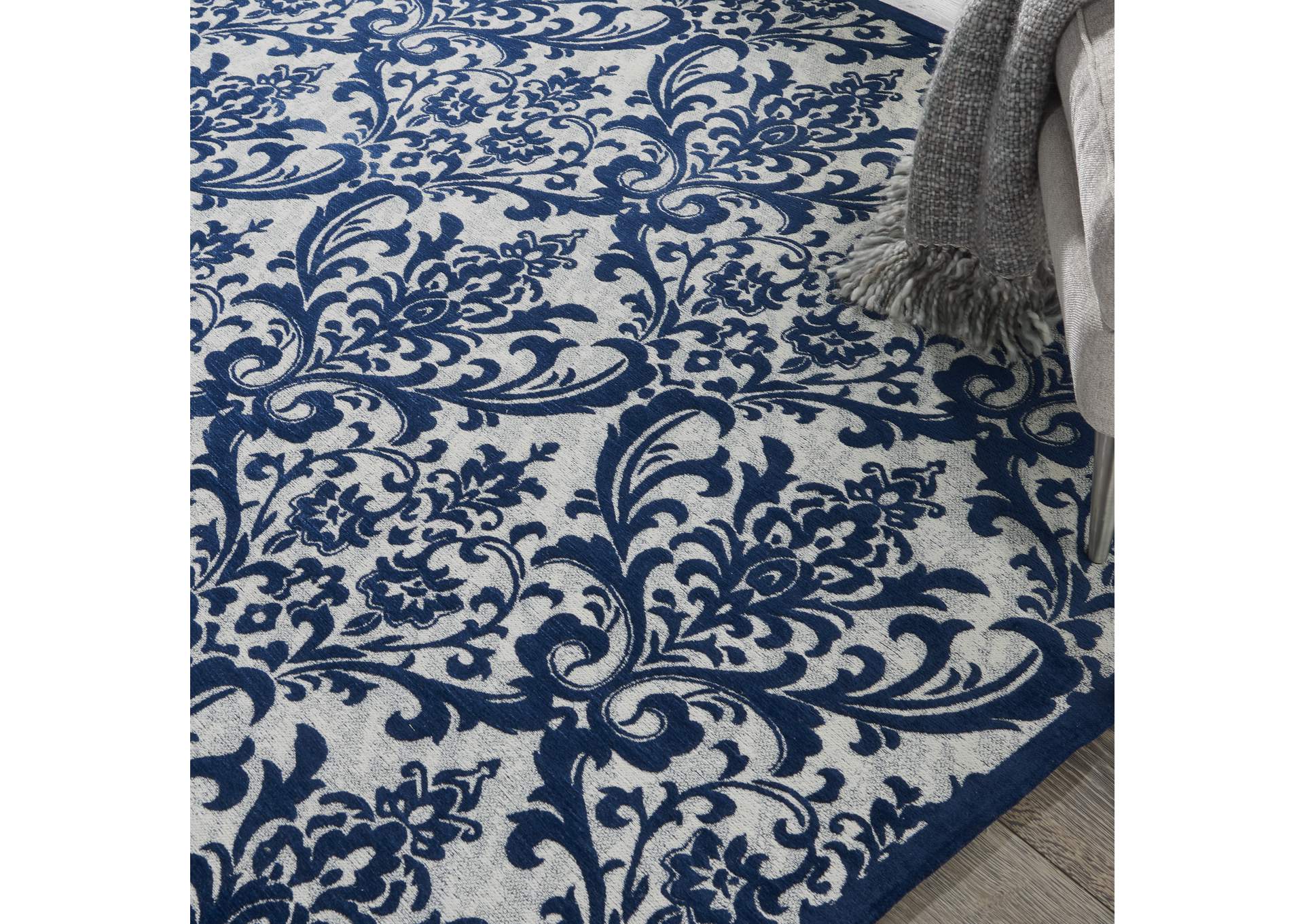 Nourison Damask DAS02 Dark Blue and White 8'x10' Large Flat Rug,Nourison