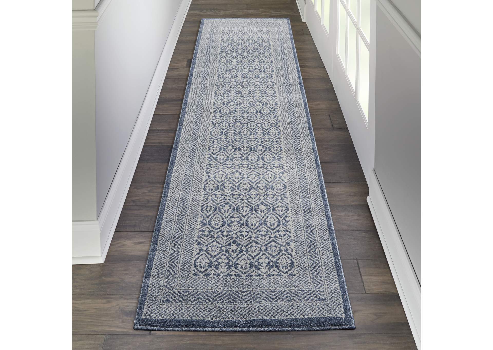 Nourison Palermo 8' Runner Blue and Grey Distressed Bohemian Area Rug,Nourison