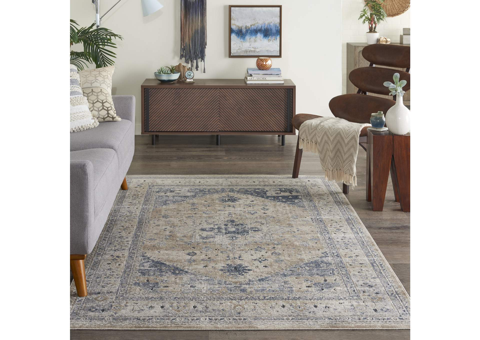 kathy ireland Home Malta MAI02 Beige and Blue 4'x6' Area Rug,Nourison