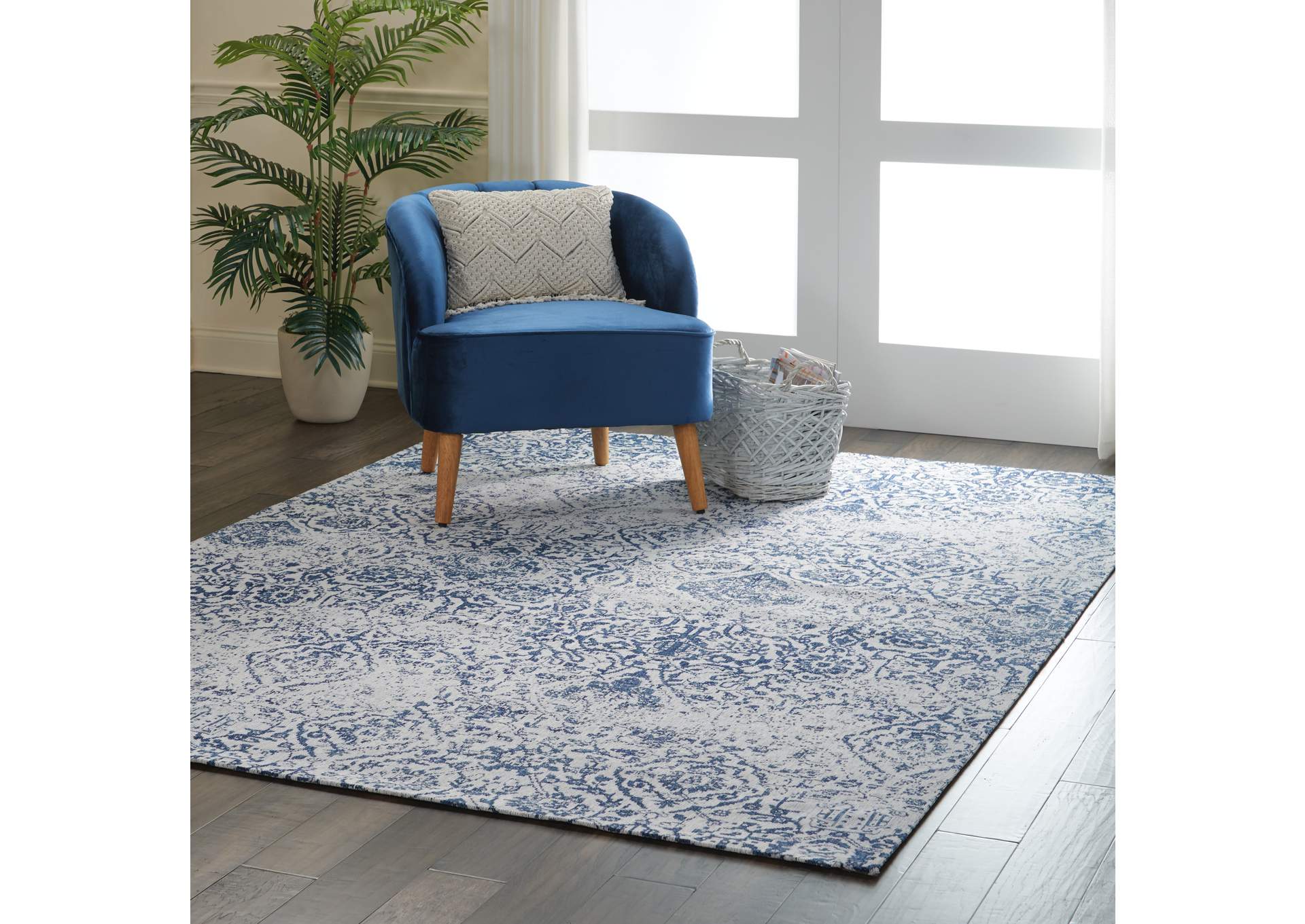 Nourison Damask DAS06 Dark Blue and White 6'x9' Vintage Area Rug,Nourison