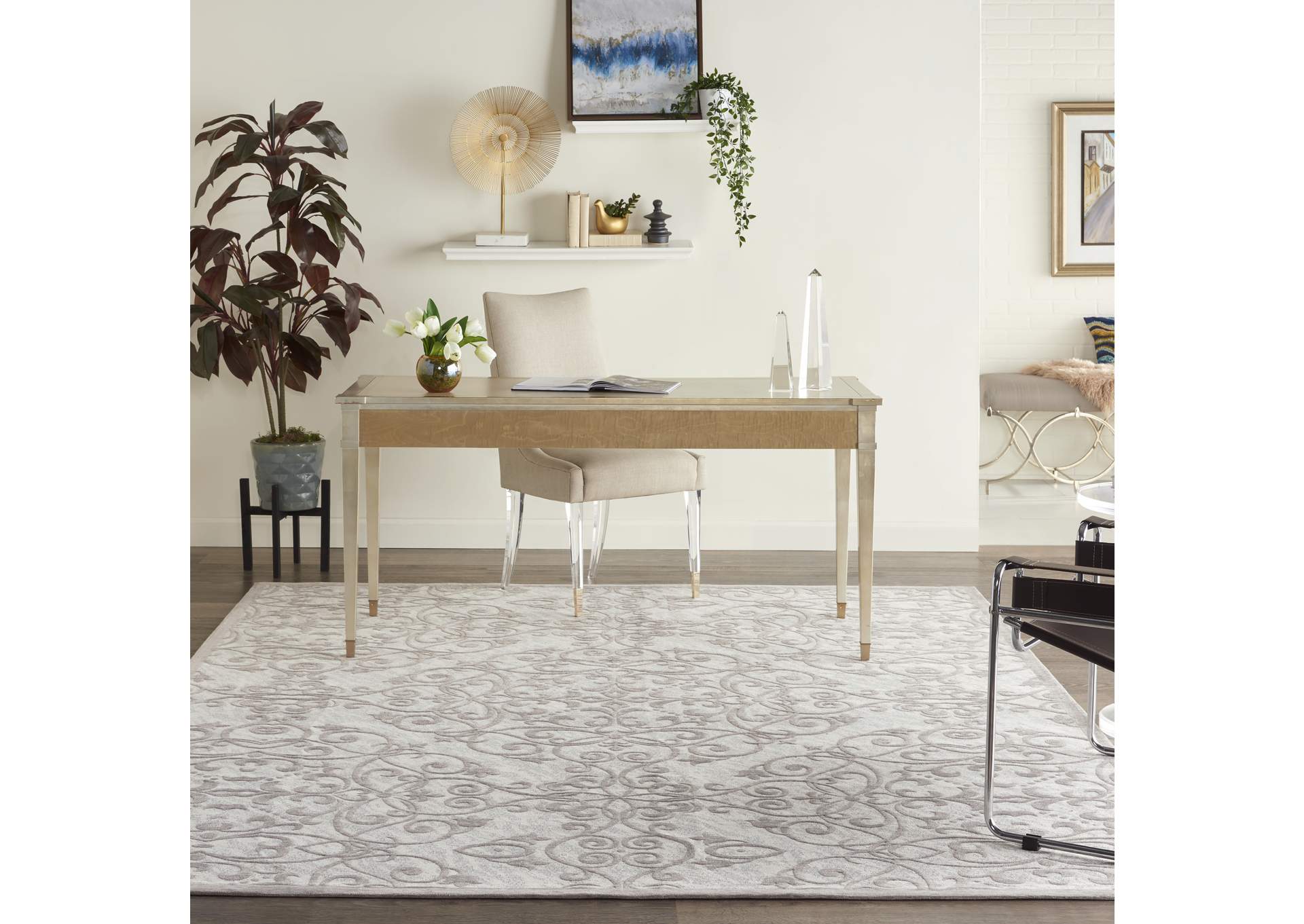 Nourison Damask DAS01 Grey and Ivory 8'x10' Large Flat Rug,Nourison