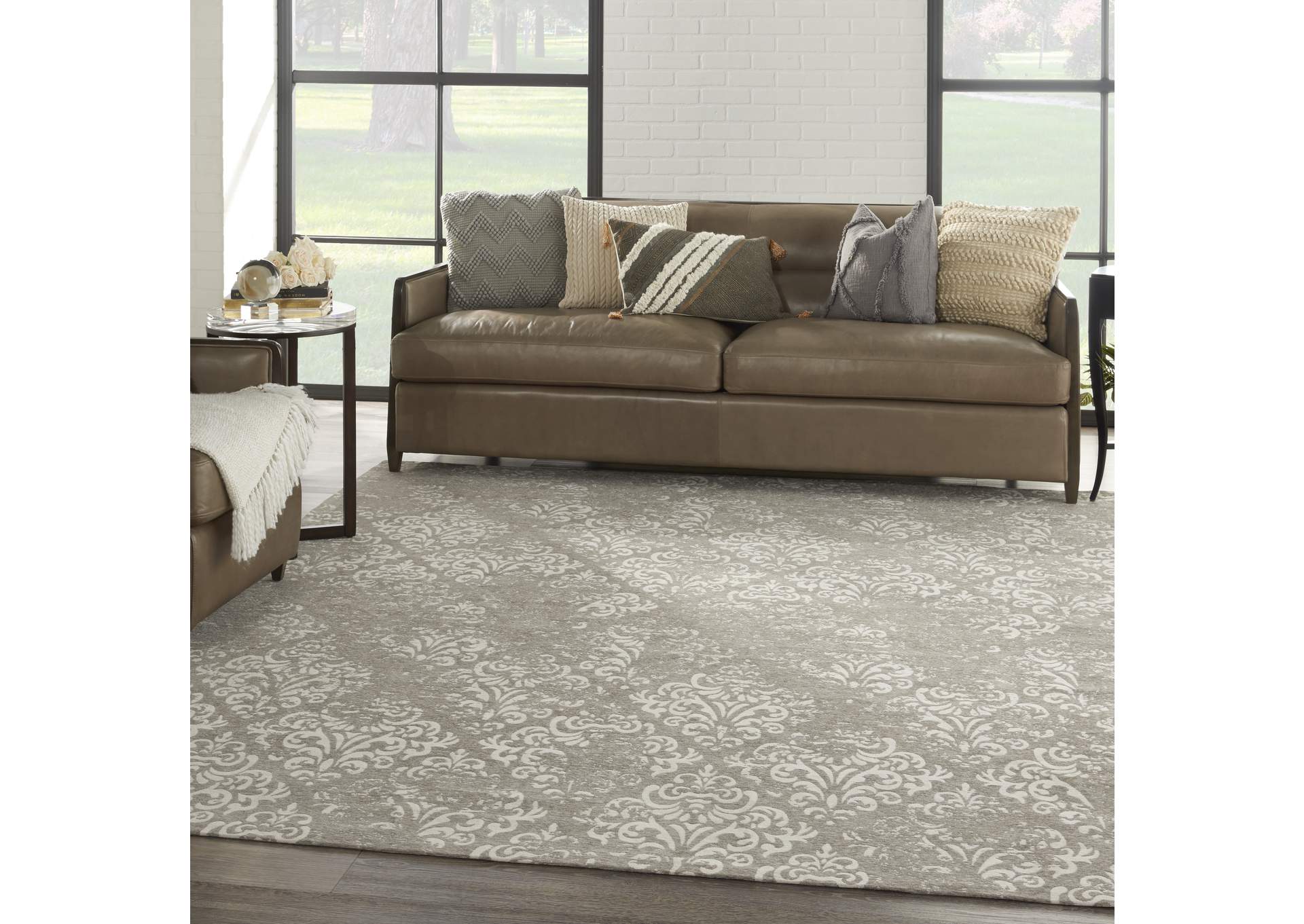 Nourison Damask DAS03 Grey and White 8'x10' Large Flat Rug,Nourison