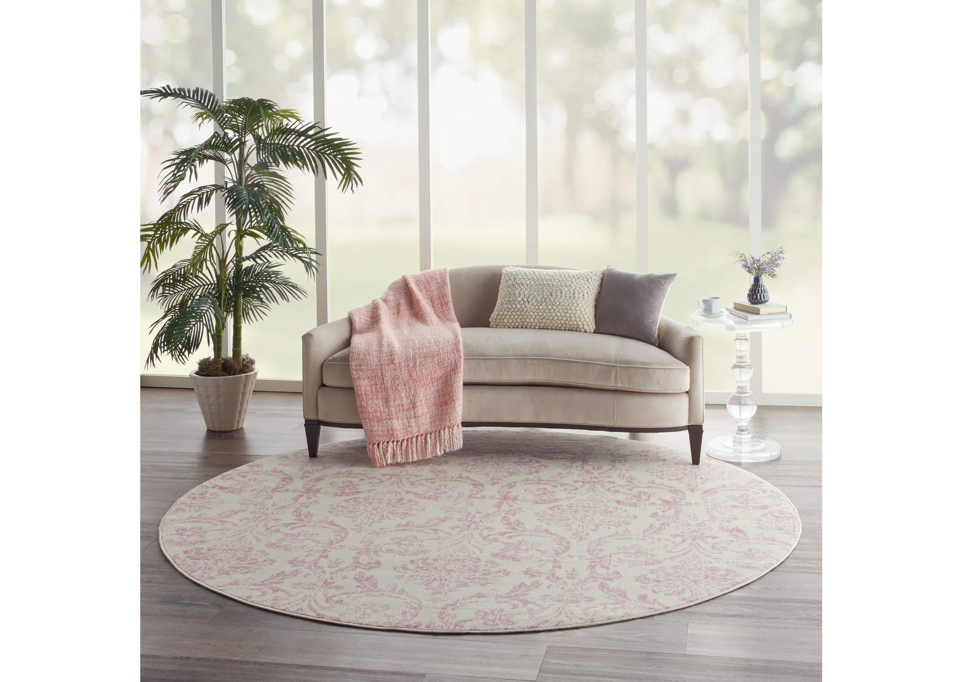 Nourison Jubilant 8' Round White and Pink Area Rug,Nourison