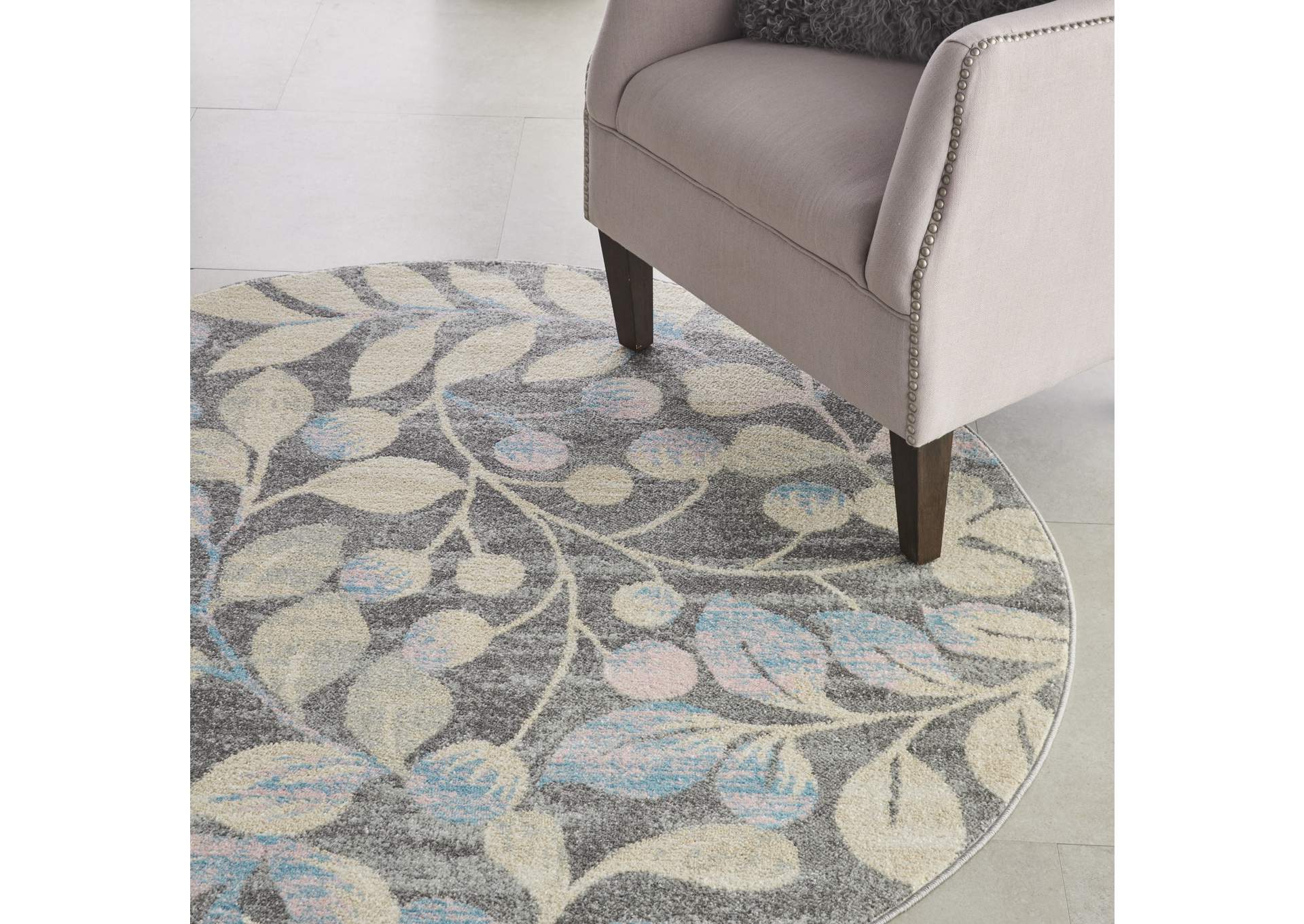 Nourison Tranquil TRA03 Beige and Grey 5' Round Botanical Area Rug,Nourison