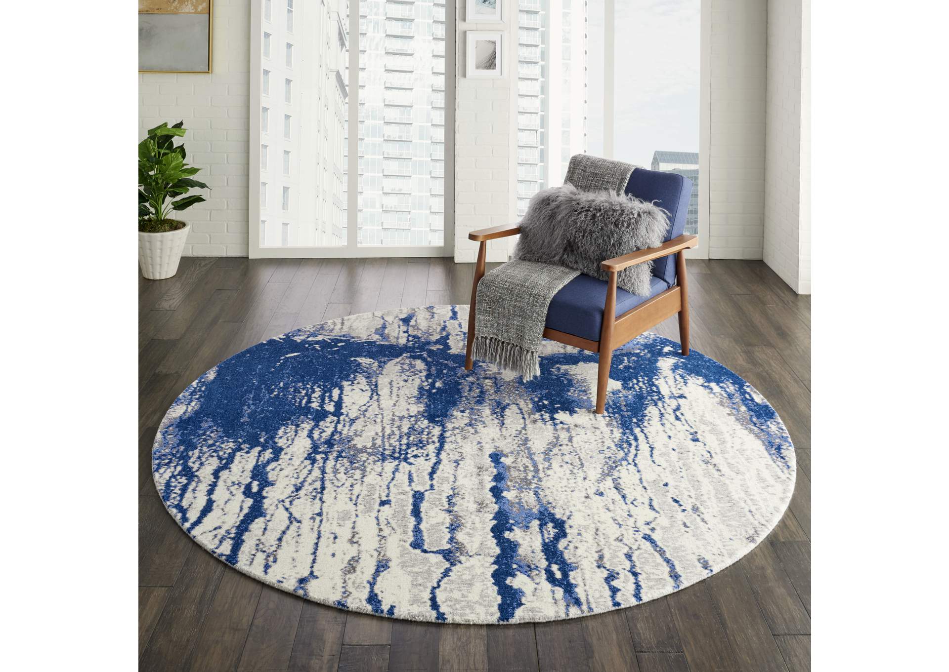 Nourison Twilight TWI29 Navy Blue and White 8' Round Large Rug,Nourison