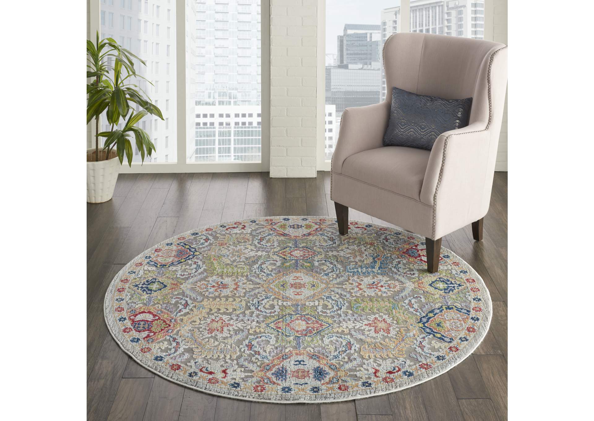 Nourison Ankara Global ANR12 Grey Multicolor 6' Round Persian Area Rug,Nourison