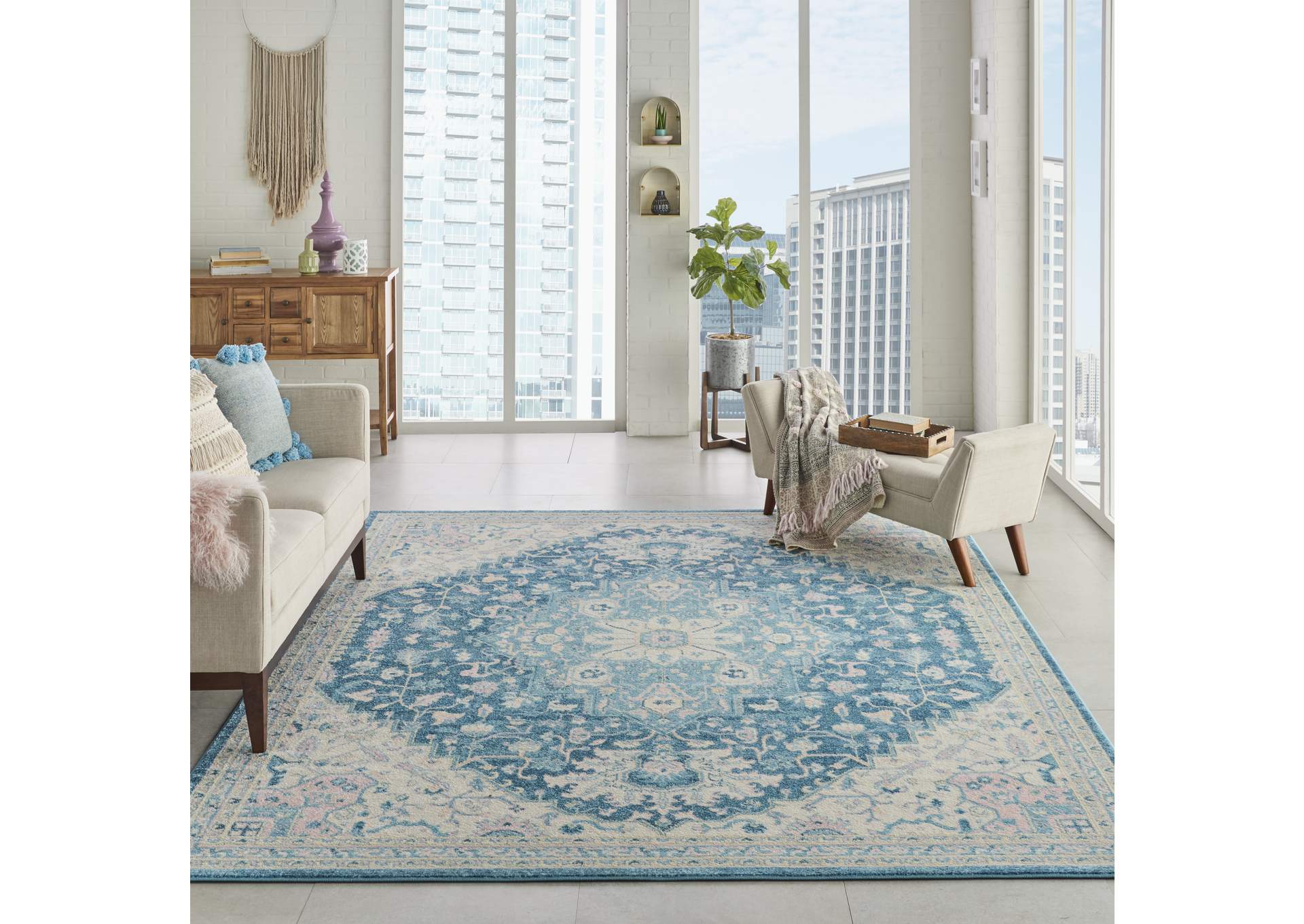 Nourison Tranquil TRA07 Turquoise Blue and White 8'x10' Large Rug,Nourison
