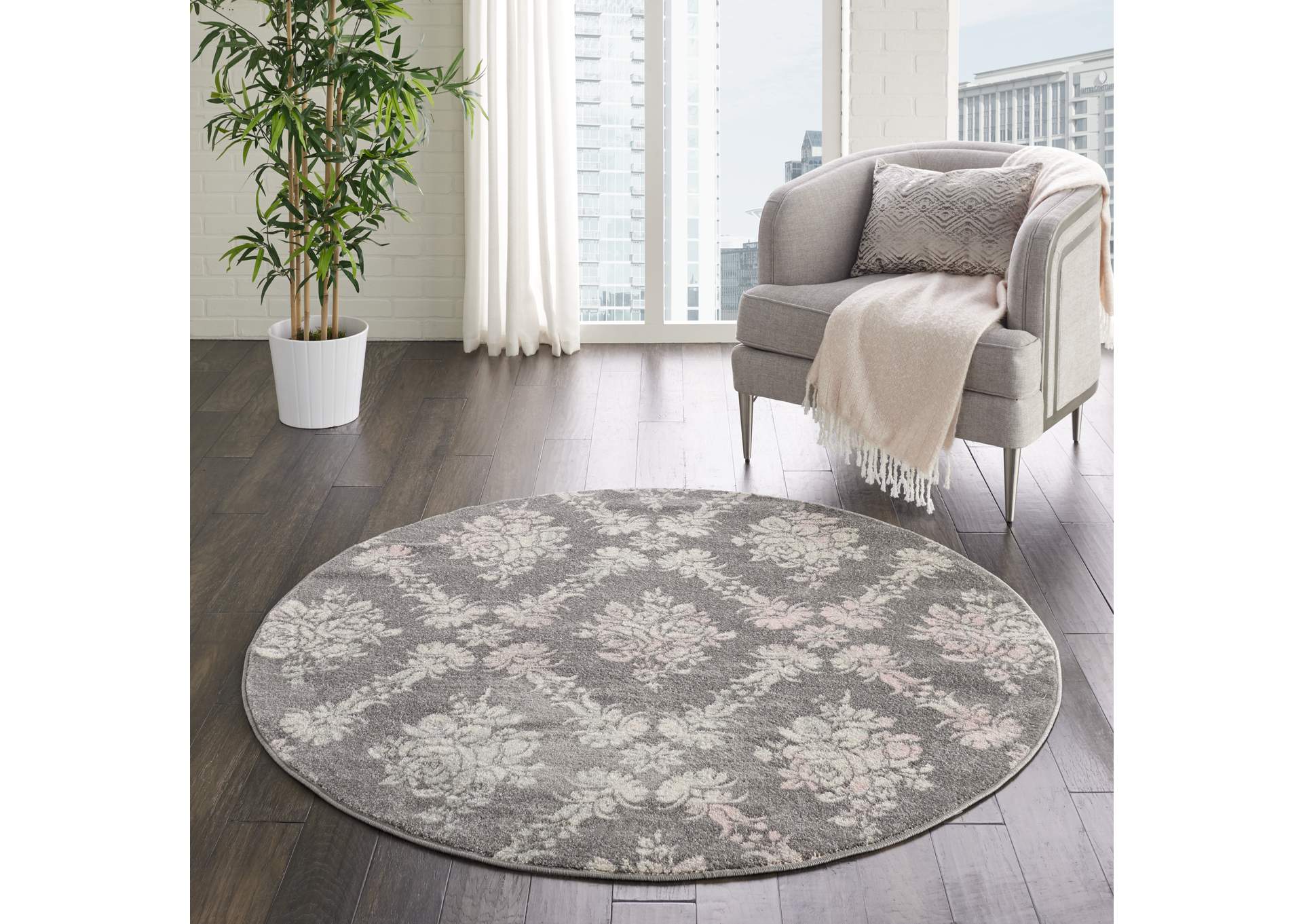 Nourison Tranquil TRA09 Pink and Grey 5' Round Vintage Area Rug,Nourison