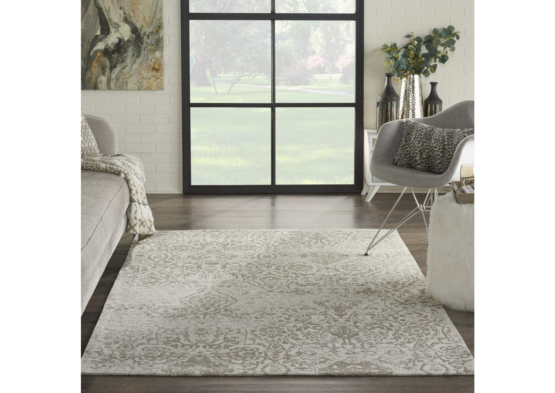 Nourison Damask DAS06 White 5'x7' Vintage Area Rug,Nourison