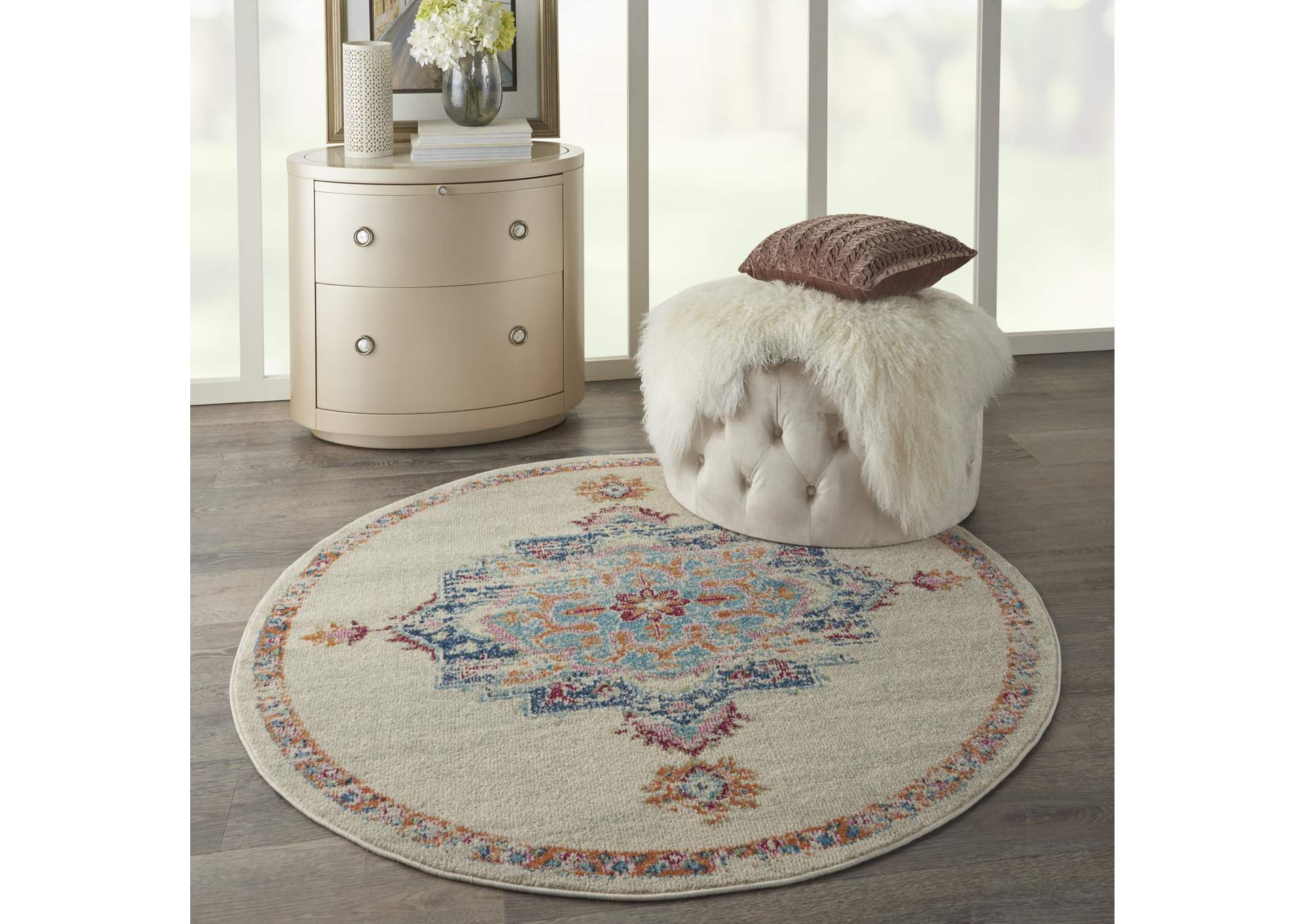 Nourison Passion 4' Round Grey, Ivory, Multicolored Bohemian Area Rug,Nourison