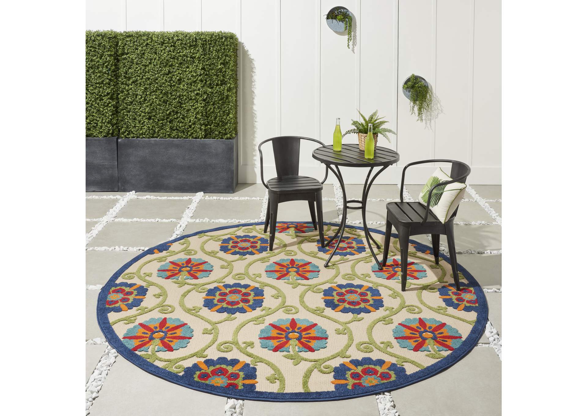Nourison Aloha ALH19 8' Round Blue Multicolor Easy-care Indoor-outdoor Rug,Nourison