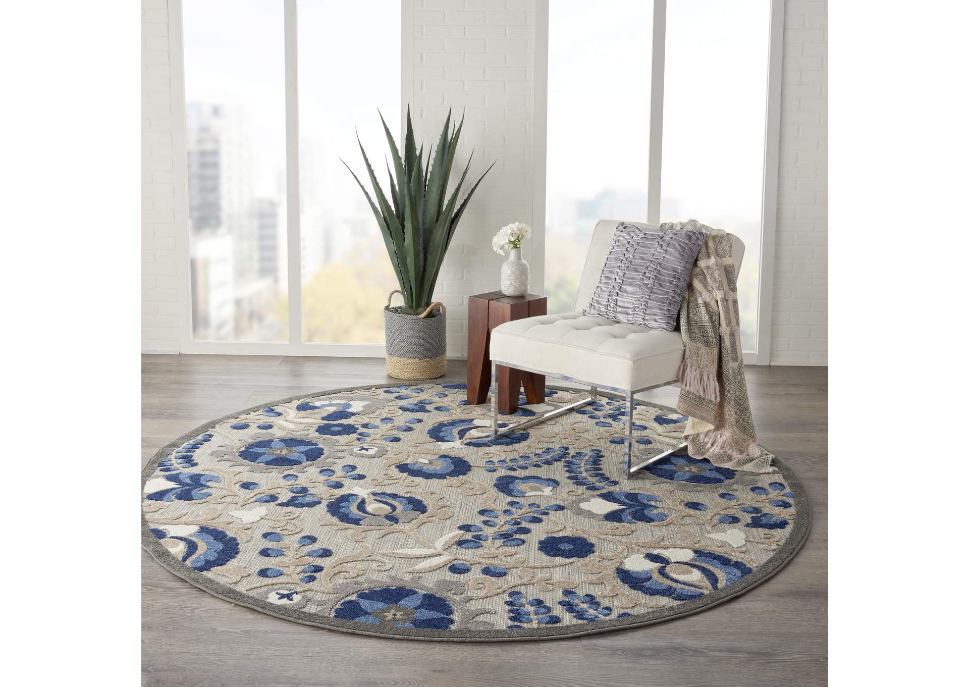 Nourison Aloha 8' Round Blue Patio Area Rug,Nourison