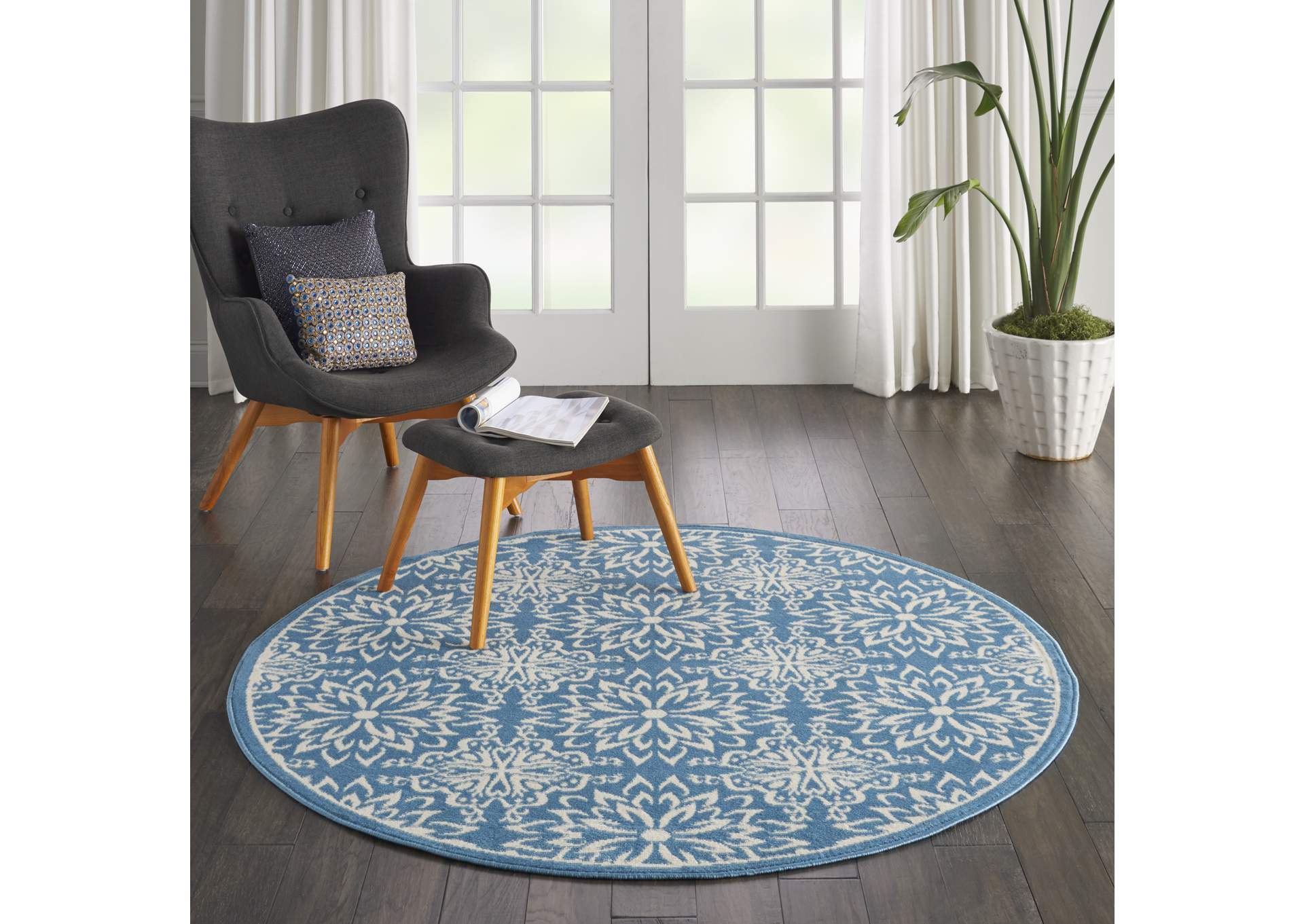 Nourison Jubilant 5' Round Ivory BlueTransitional Area Rug,Nourison