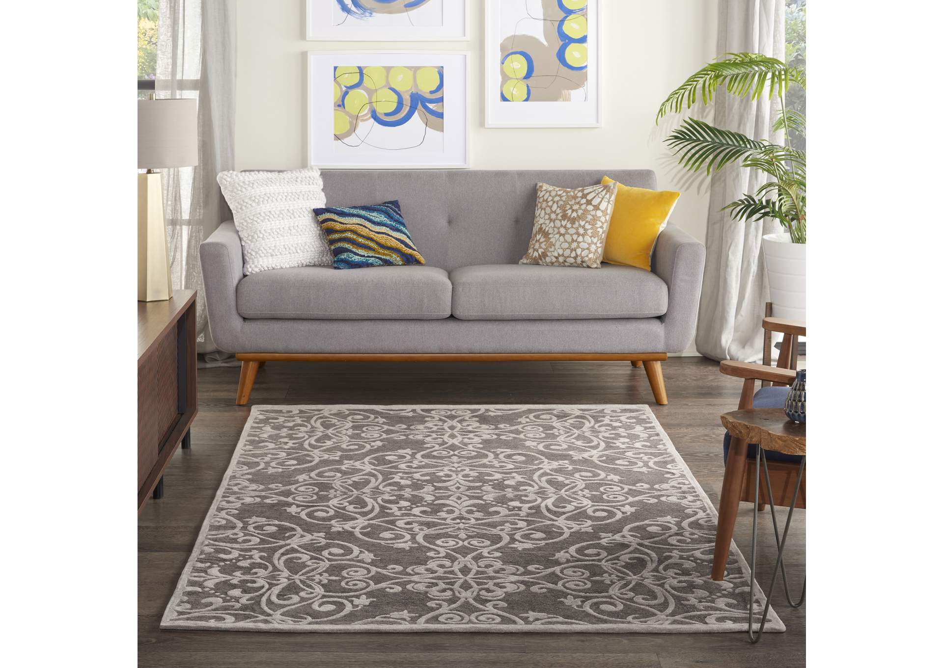 Nourison Damask DAS01 Grey 5'x7' Vintage Area Rug,Nourison