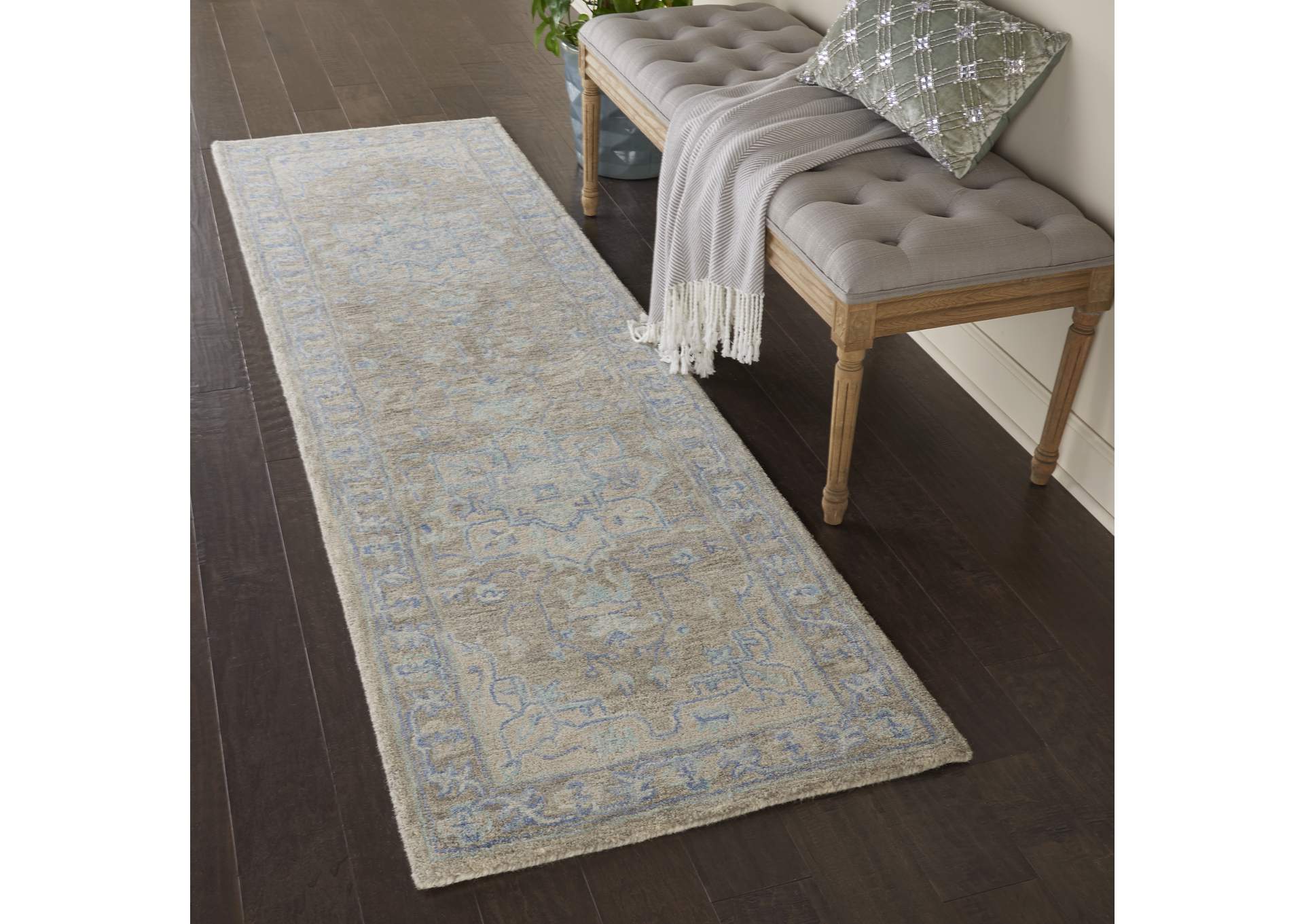 Nourison Jazmine JAZ01 Grey and Blue 8' Runner Wool Hallway Rug,Nourison
