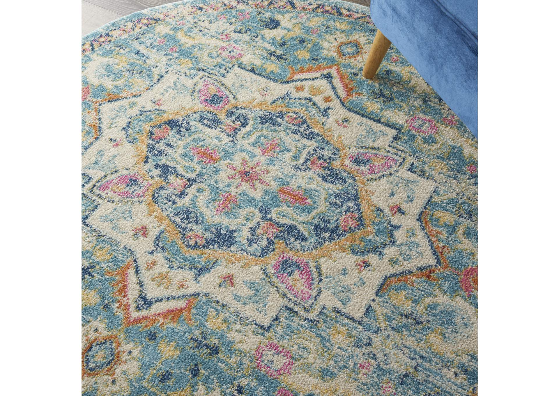 Nourison Passion 4' Round Ivory, Light Blue Bohemian Area Rug,Nourison