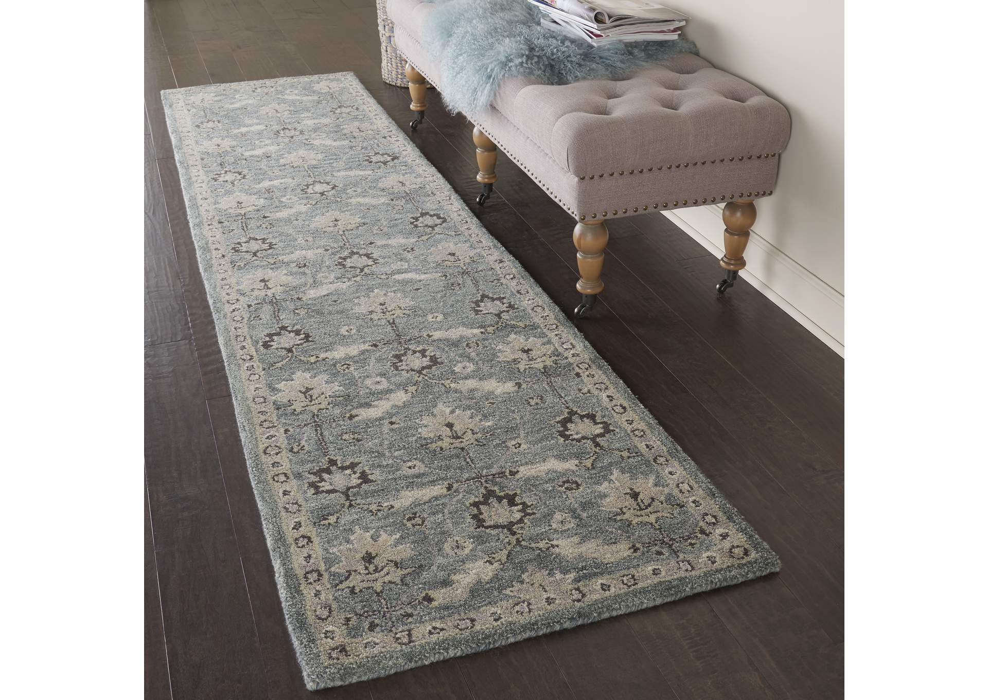 Nourison Jazmine JAZ02 Seafoam Green 10' Runner Wool Hallway Rug,Nourison