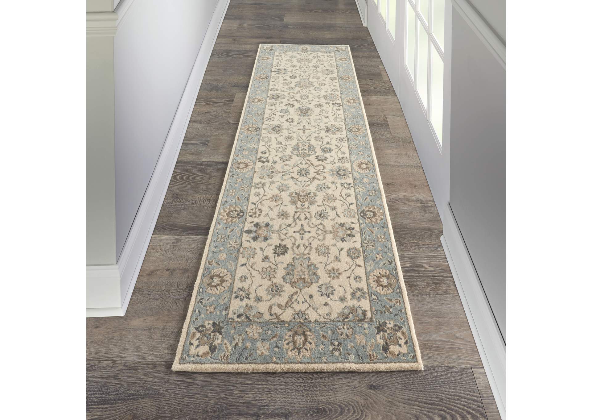 Nourison Living Treasures 8' Runner Ivory and Aqua Area Rug,Nourison