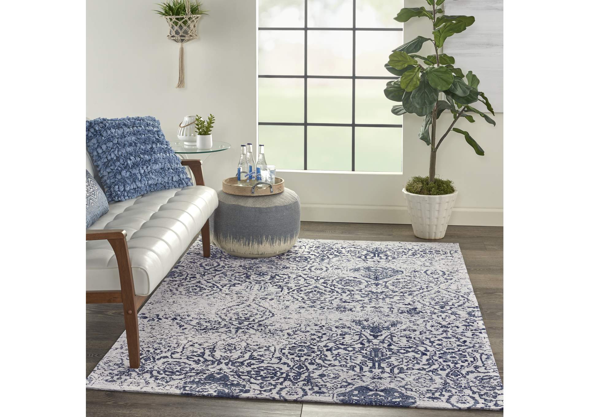 Nourison Damask DAS06 Dark Blue and White 5'x7' Vintage Area Rug,Nourison