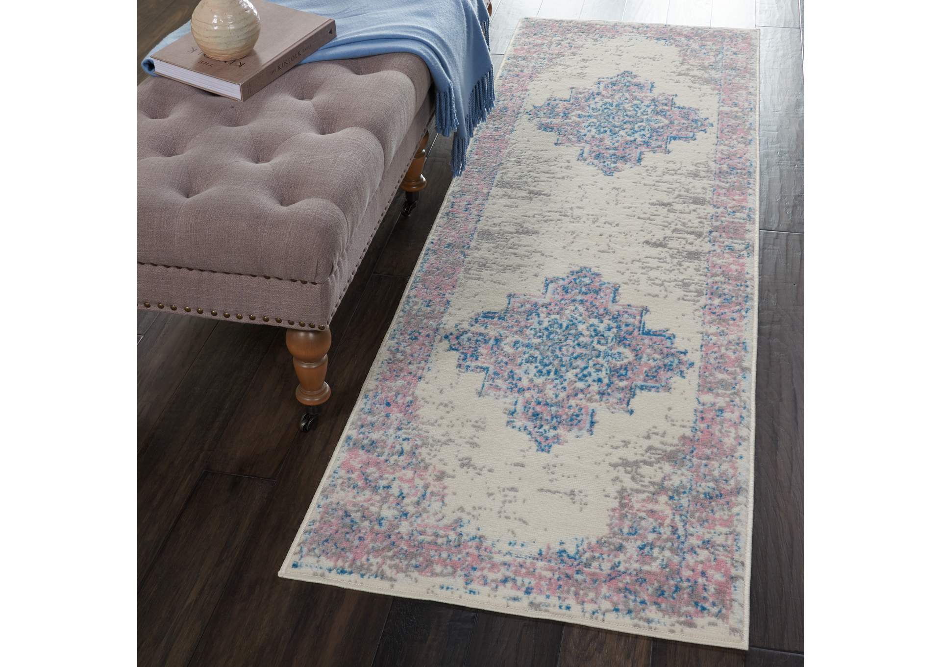Nourison Grafix GRF14 White and Pink 8' Runner Hallway Rug,Nourison