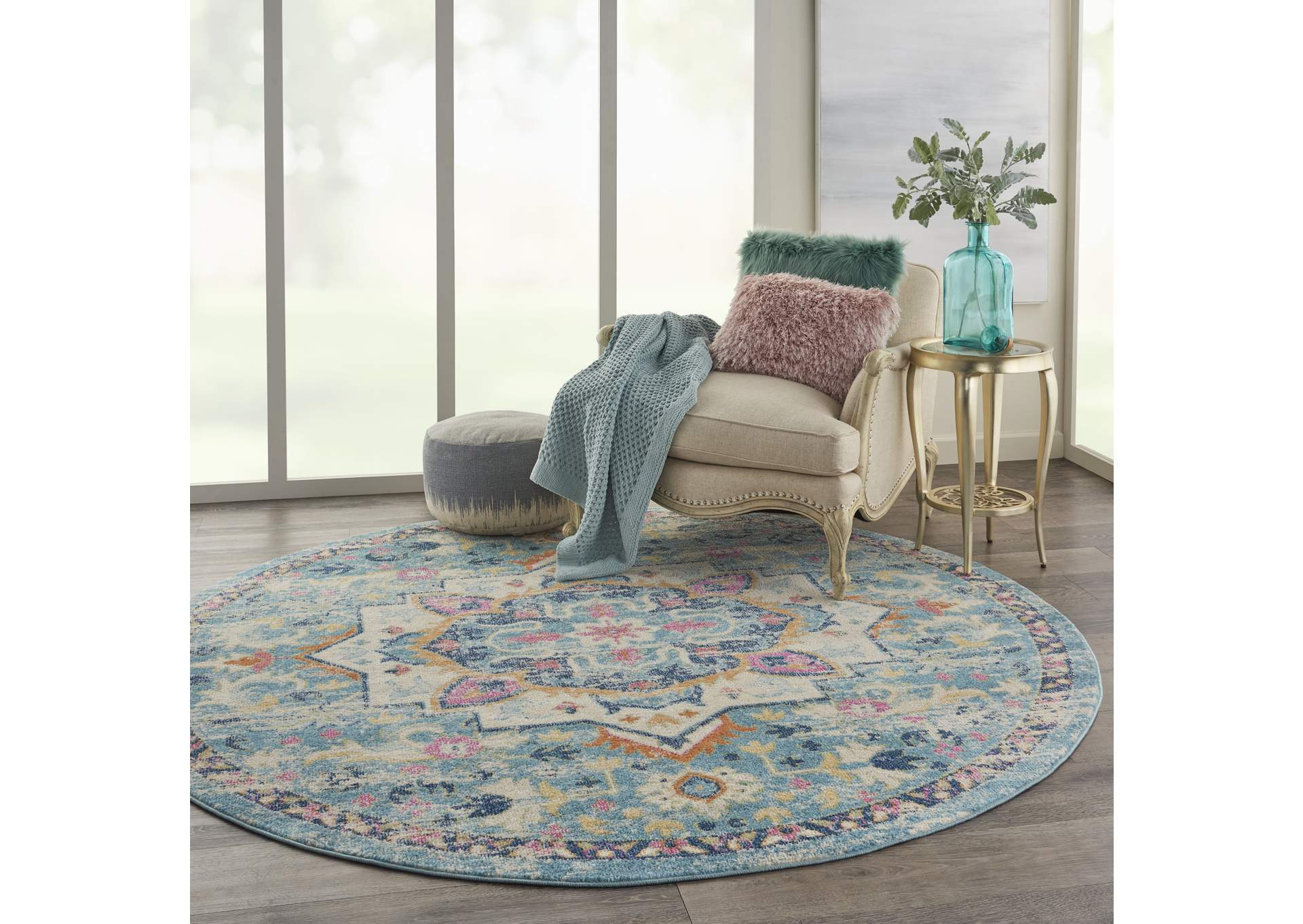 Nourison Passion 8' Round Ivory, Light Blue Bohemian Area Rug,Nourison
