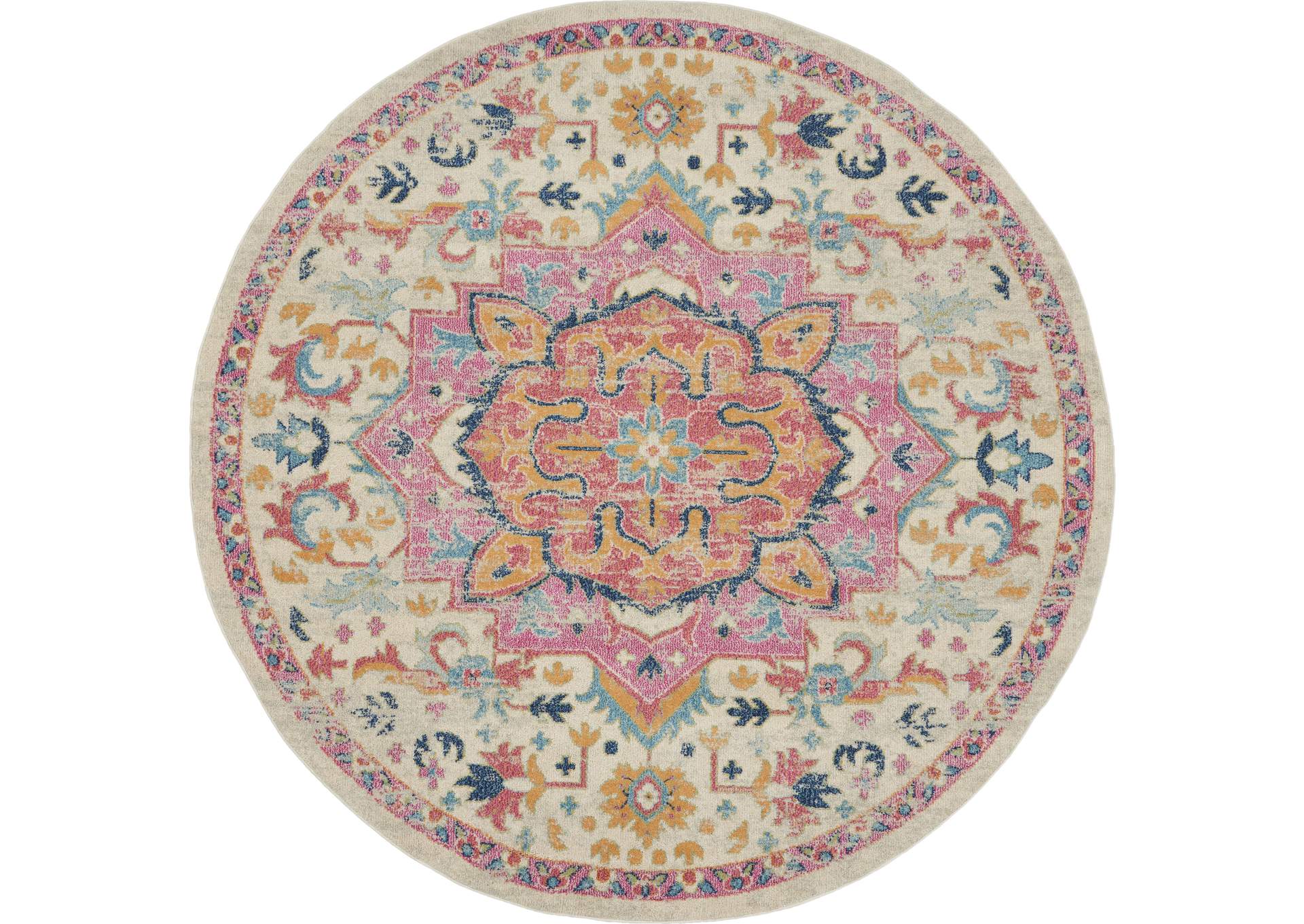 Nourison Passion 8' Round Ivory, Pink Bohemian Area Rug,Nourison