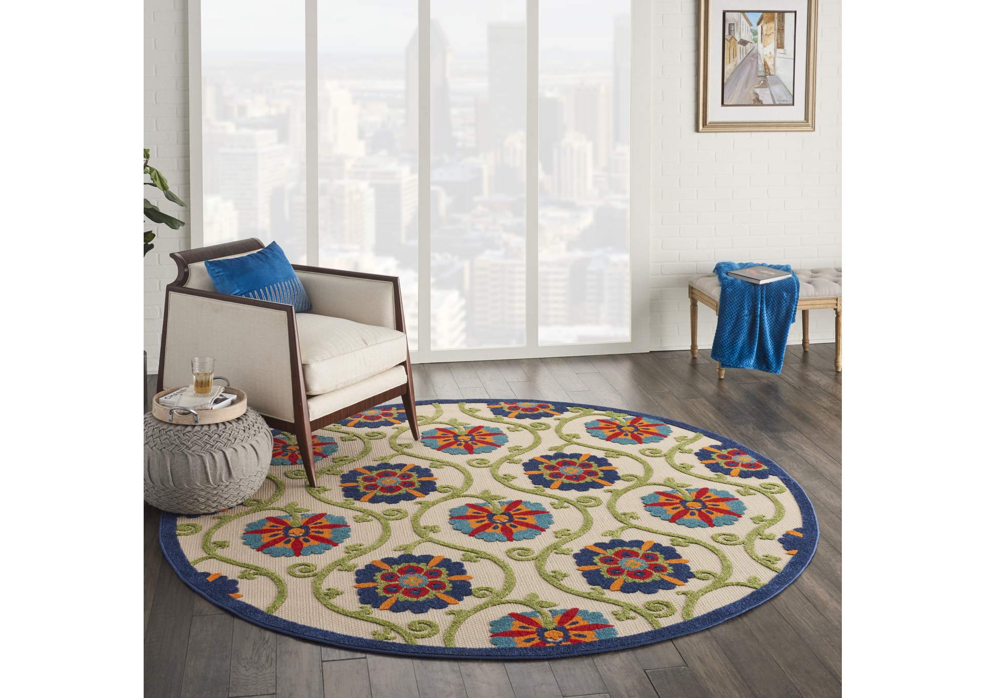 Nourison Aloha ALH19 8' Round Blue Multicolor Easy-care Indoor-outdoor Rug,Nourison