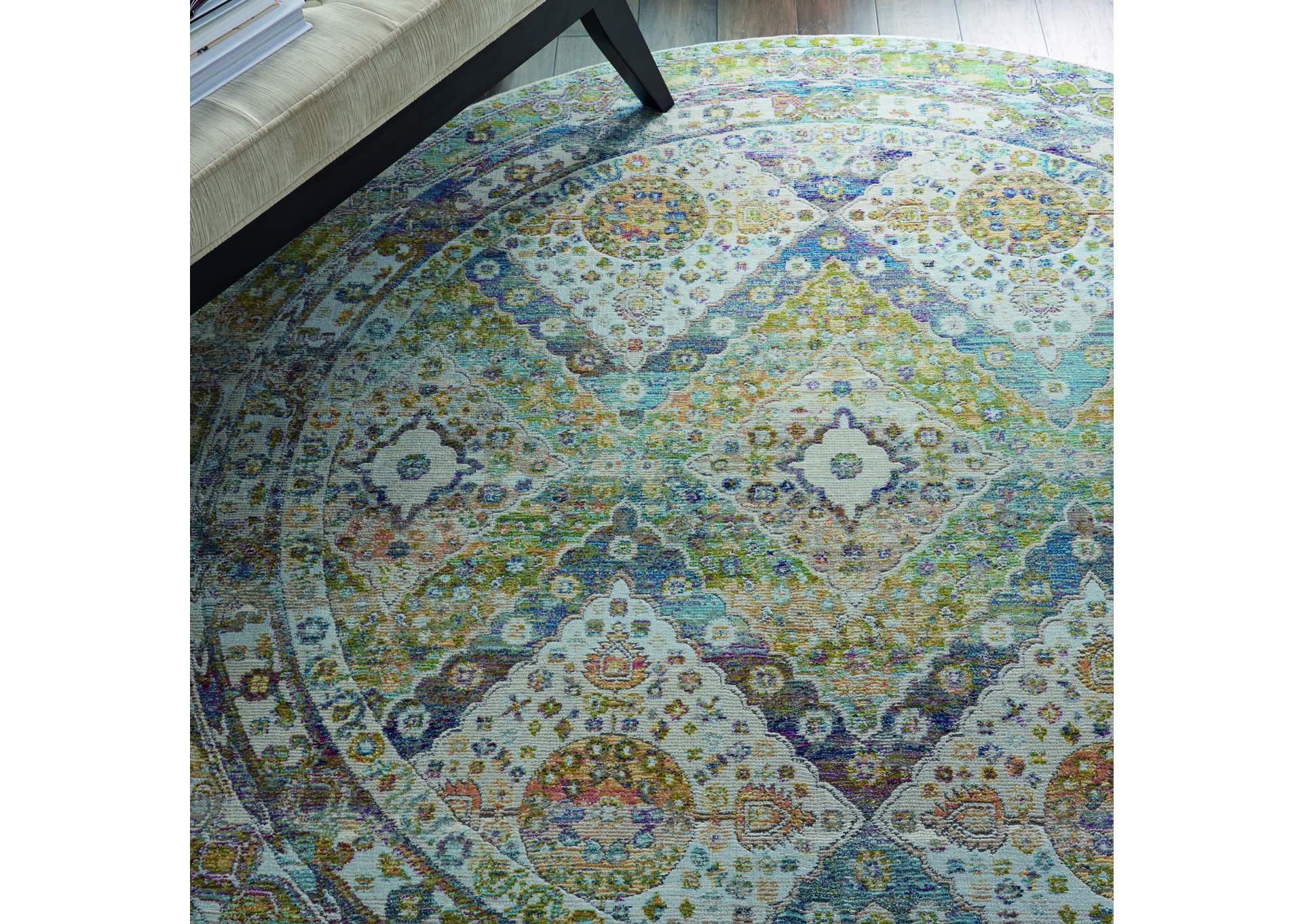 Nourison Ankara Global ANR07 Blue and Green 4' Round Farmhouse Area Rug,Nourison
