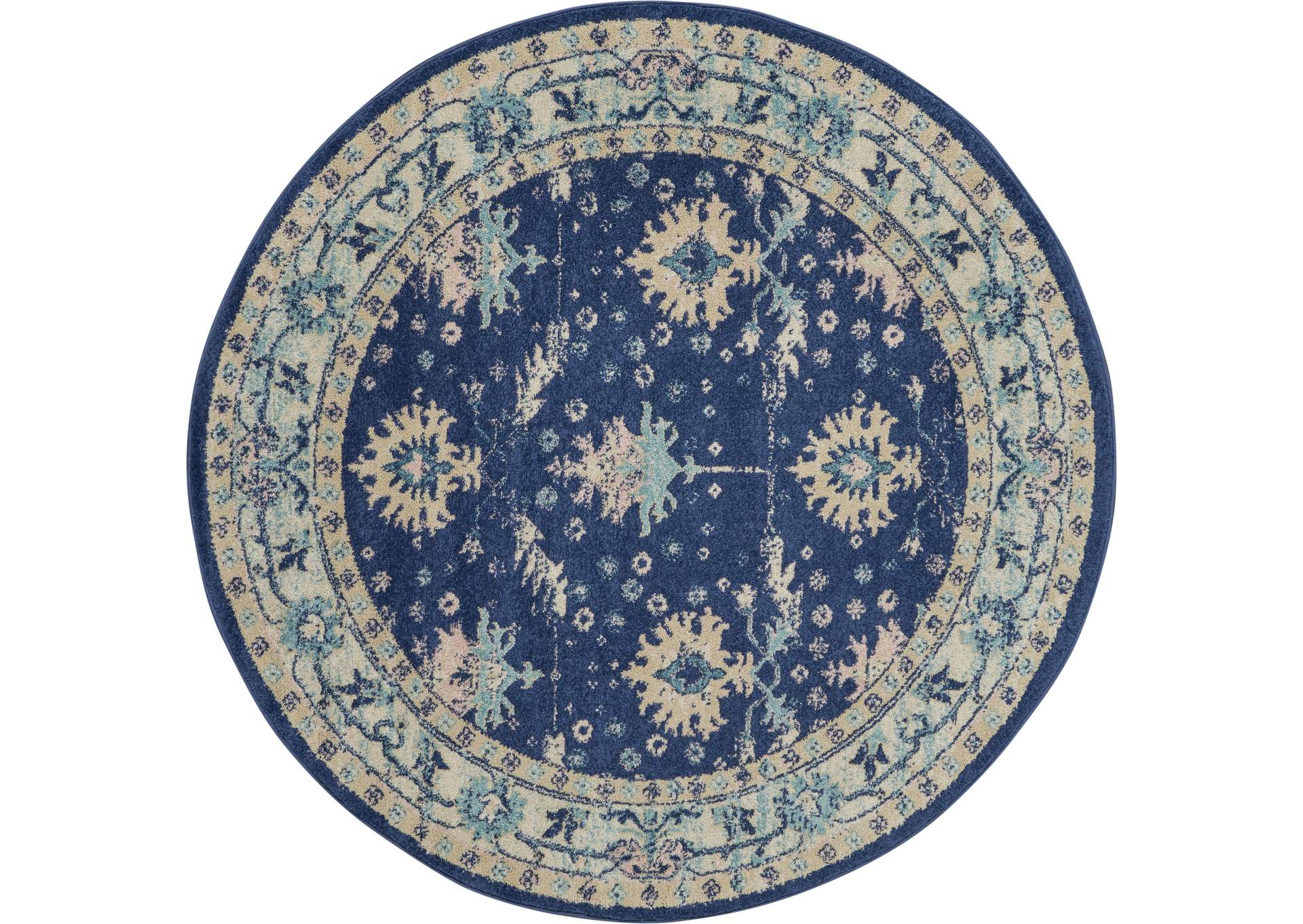 Nourison Tranquil TRA10 Navy Blue 5' Round Bordered Oriental Area Rug,Nourison