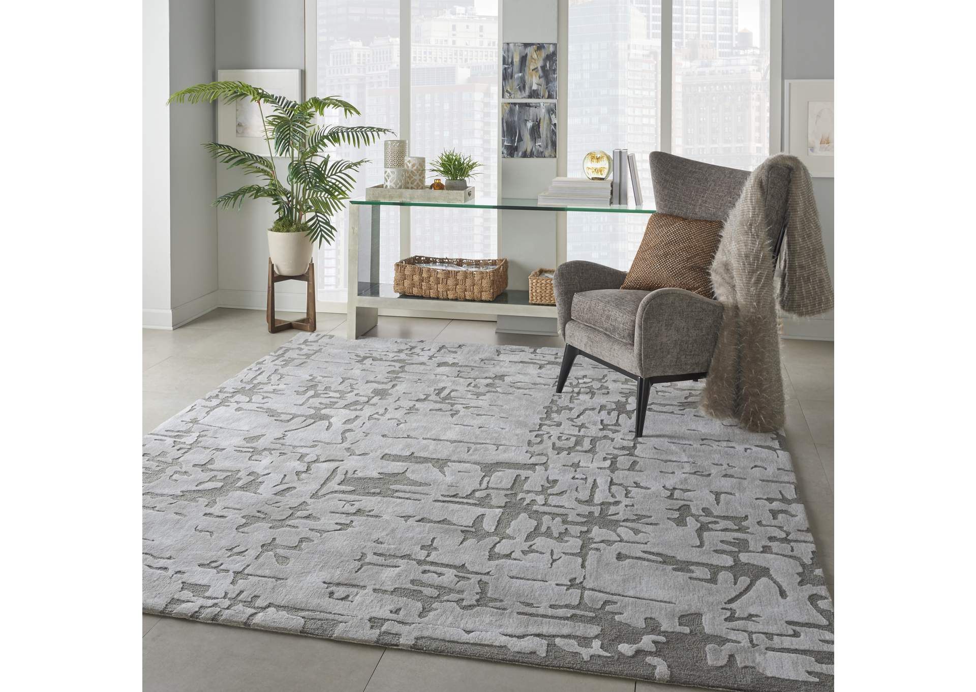 Nourison Symmetry SMM03 Silver 9'x12' Oversized Textured Rug,Nourison