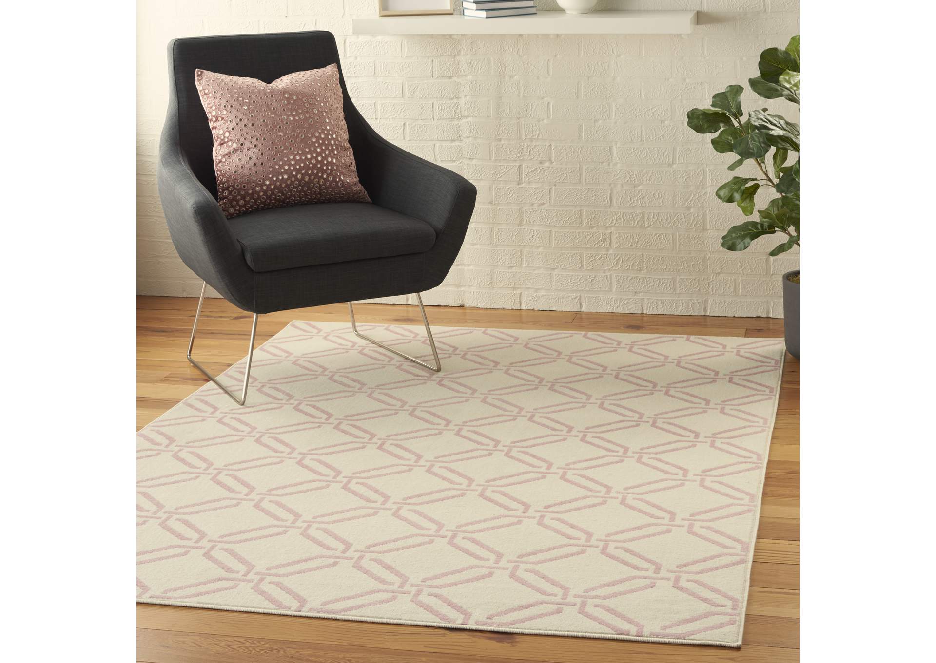 Nourison Jubilant JUB17 White and Pink 6'x9' Mid-century Area Rug,Nourison
