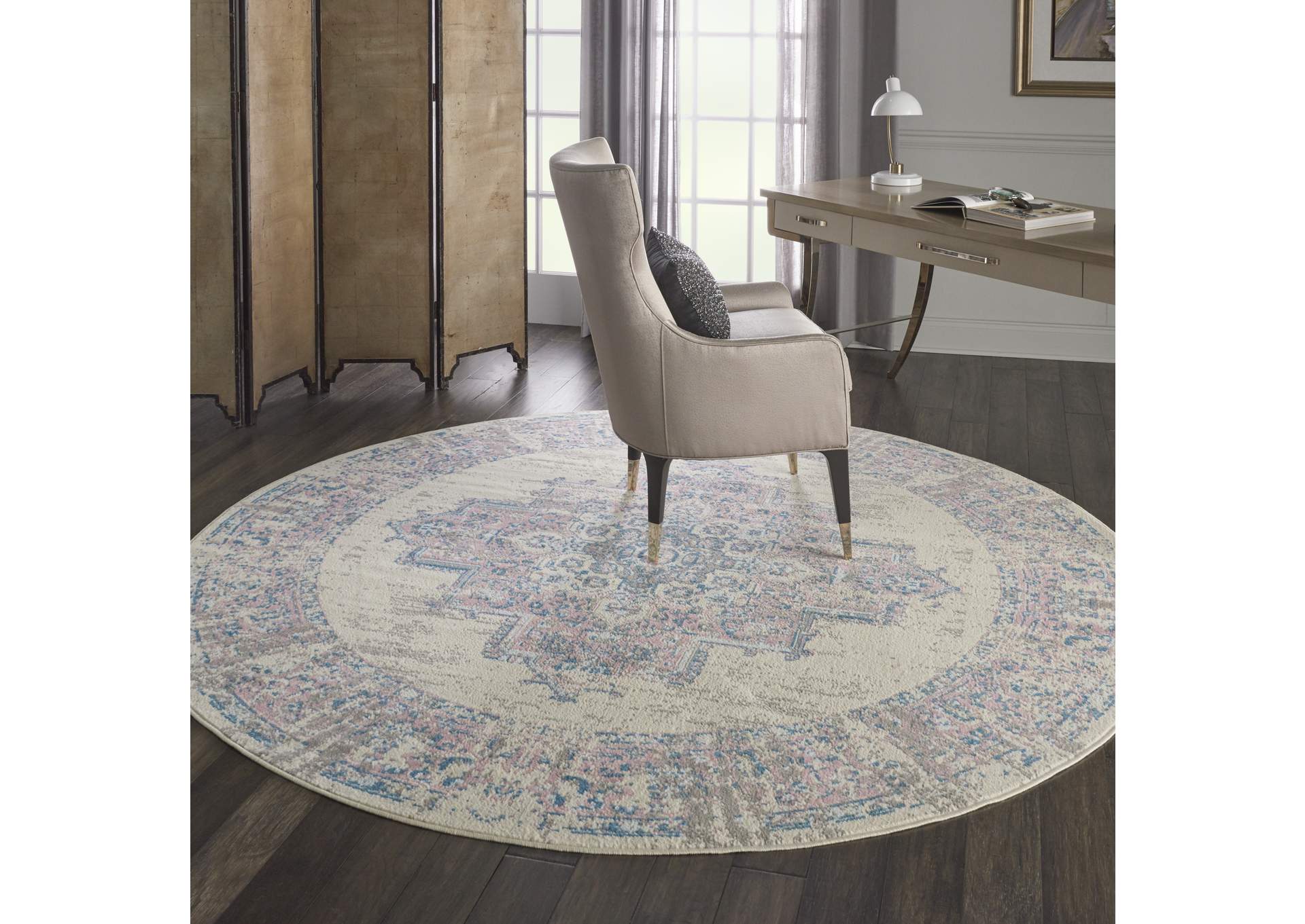 Nourison Grafix GRF14 White and Pink 8' Round Large Rug,Nourison