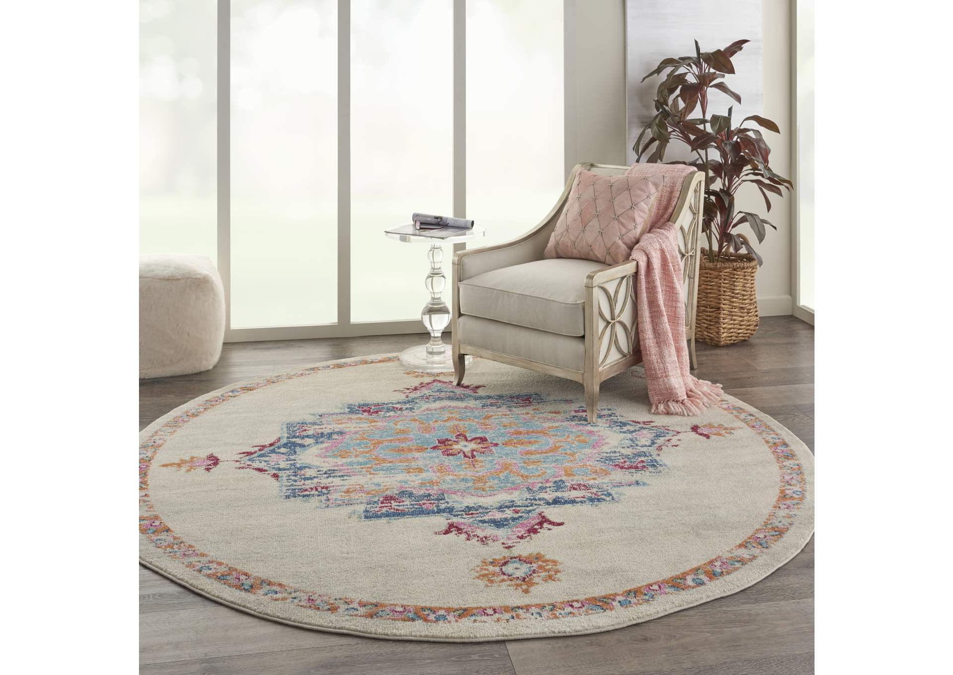 Nourison Passion 8' Round Grey, Ivory, Multicolored Bohemian Area Rug,Nourison