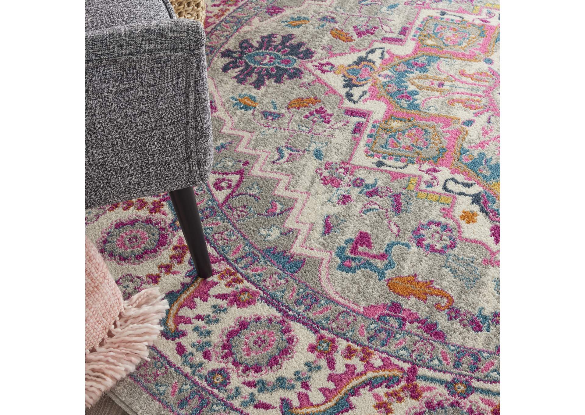 Nourison Passion PSN20 Grey and Pink 8' Round Persian Area Rug,Nourison