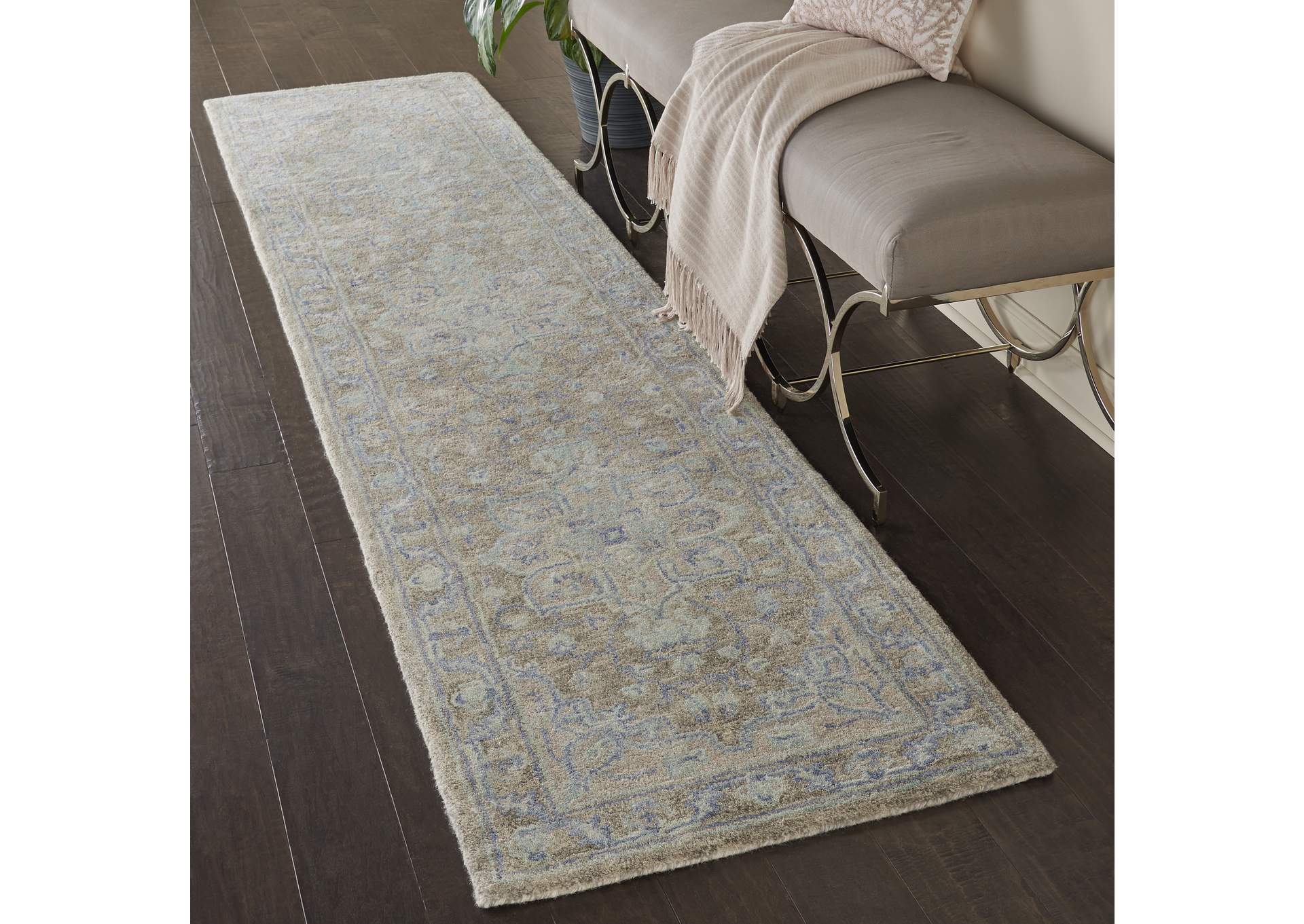 Nourison Jazmine JAZ01 Grey and Blue 10' Runner Wool Hallway Rug,Nourison