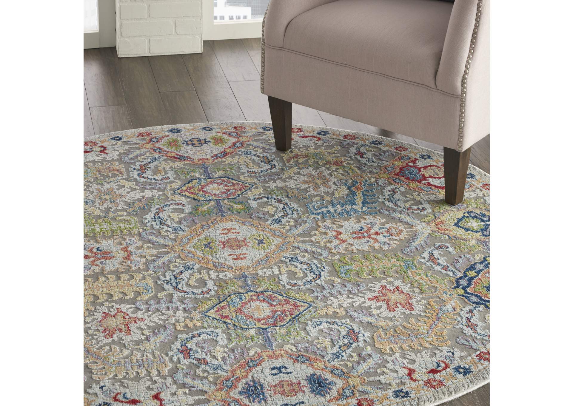 Nourison Ankara Global ANR12 Grey Multicolor 6' Round Persian Area Rug,Nourison