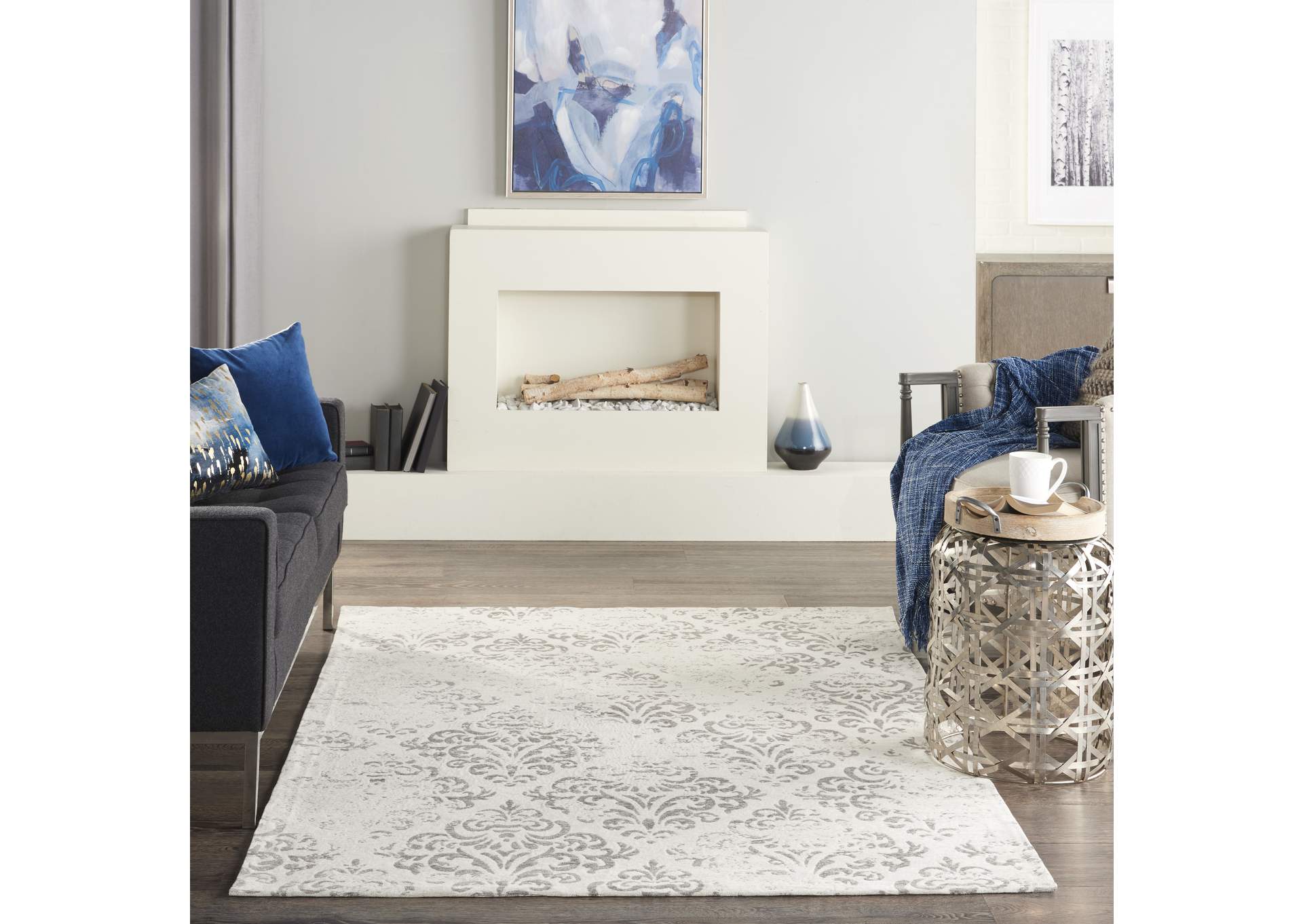 Nourison Damask DAS03 White 5'x7' Vintage Area Rug,Nourison