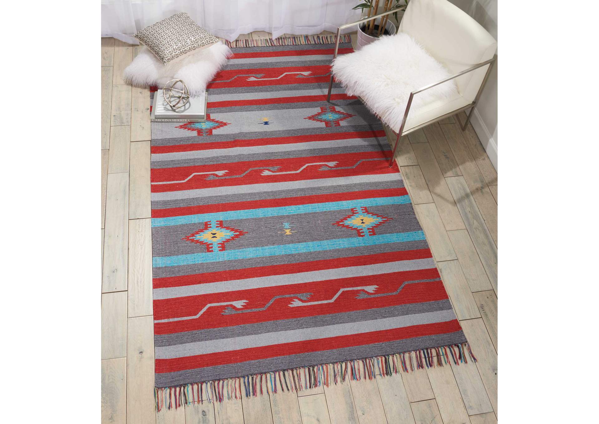 Nourison Baja BAJ01 Grey and Red 4'x6' Southwestern Area Rug,Nourison