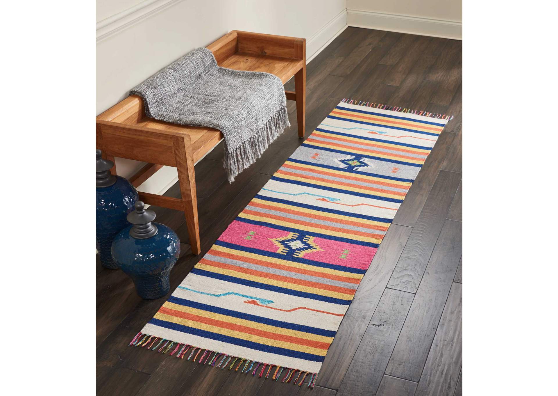 Nourison Baja BAJ01 White Multicolor 8' Runner Flat Weave Hallway Rug,Nourison
