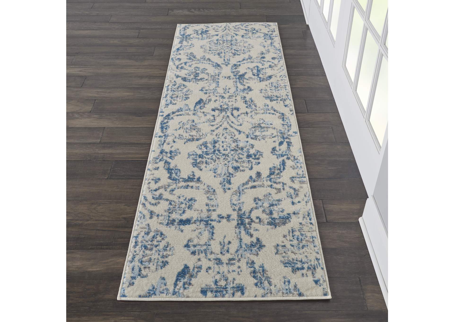 Nourison Jubilant JUB09 White and Blue 7' Runner Low-pile Hallway Rug,Nourison